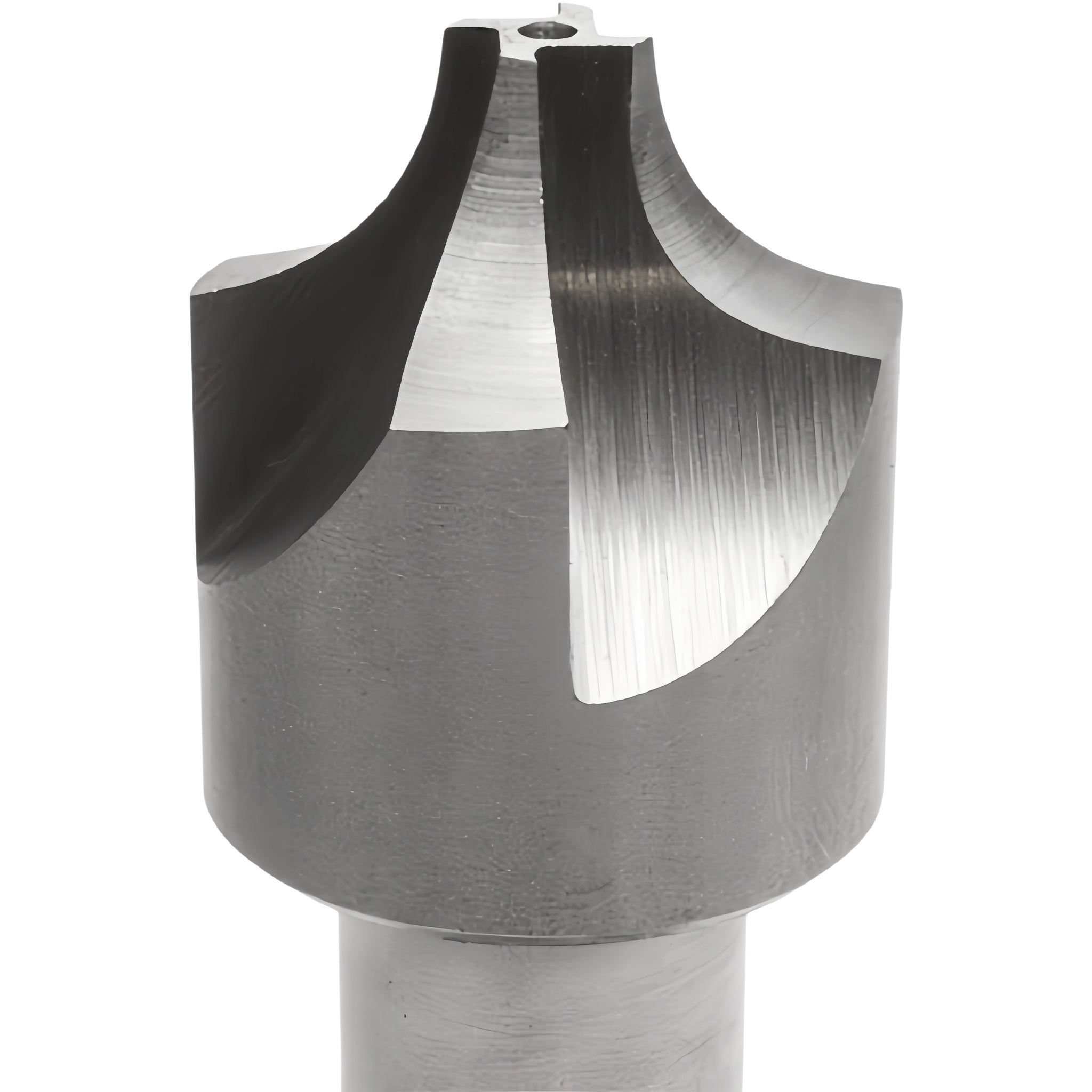 A close-up of a metal router bit with a four-flute cutting head, showing a brushed metallic finish and a dark coated edge, set against a plain white background.