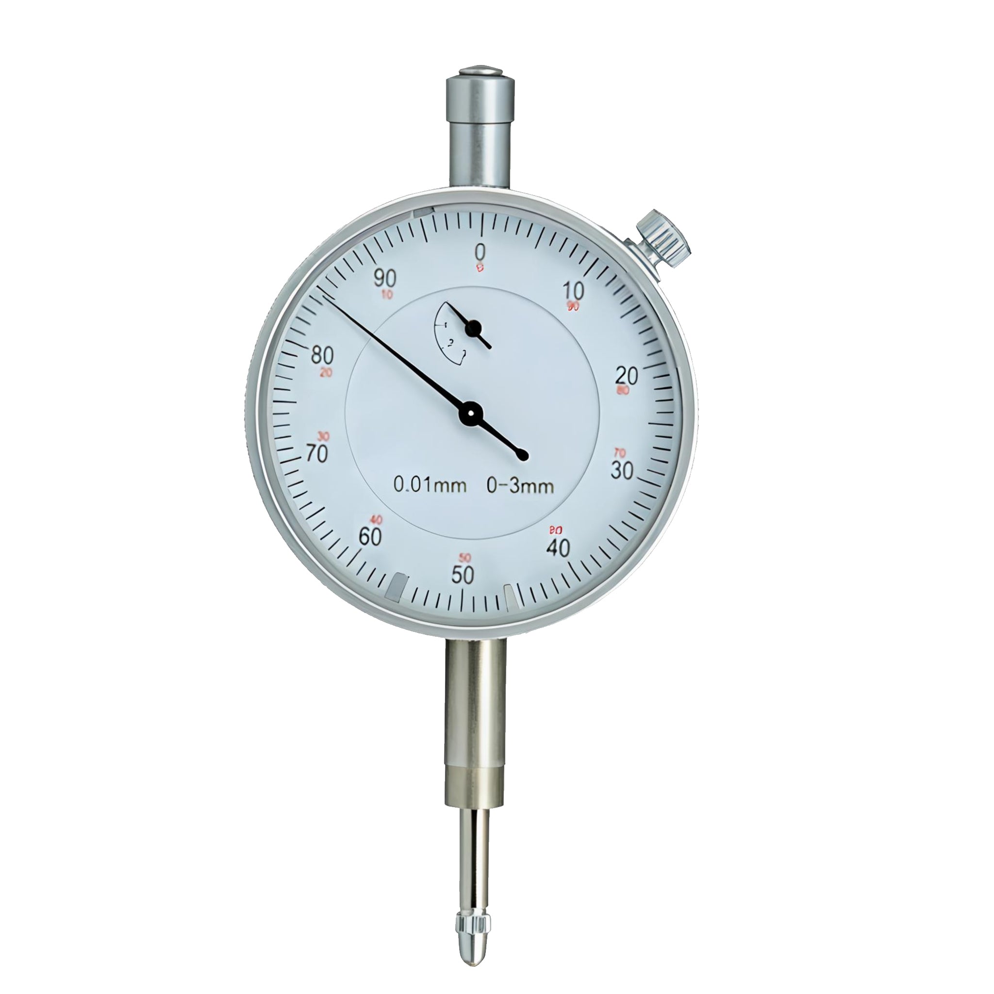 A dial indicator with a silver metal body, white face, black needle, and red and black scale markings, isolated on a white background.