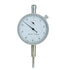 A dial indicator with a silver metal body, white face, black needle, and red and black scale markings, isolated on a white background.