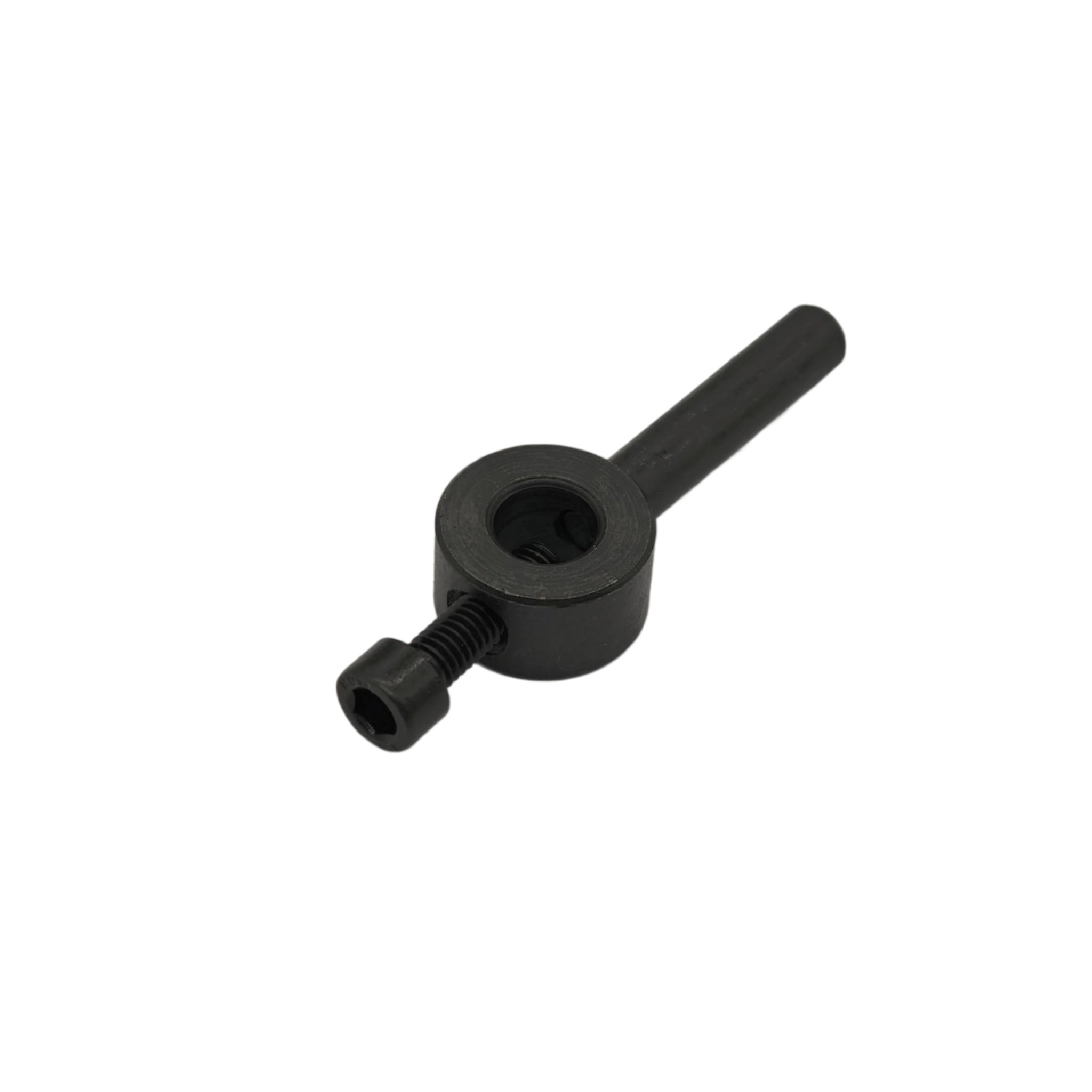 A small black metal hardware component with a circular ring, threaded bolt, and straight stem, shown on a plain white background.
