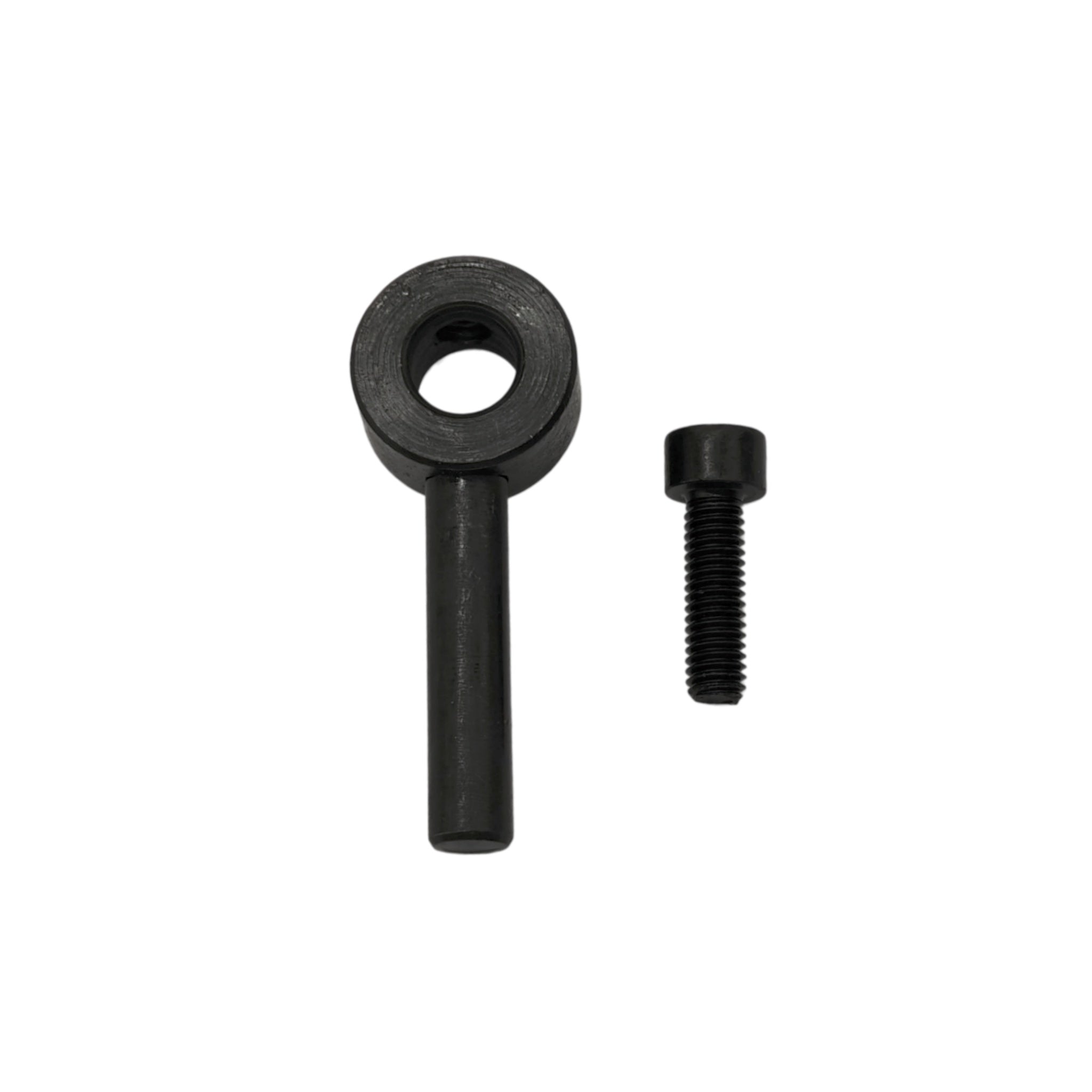 A black metal mounting bracket with a circular ring and straight stem, shown next to a matching black threaded bolt on a plain white background.