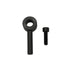 A black metal mounting bracket with a circular ring and straight stem, shown next to a matching black threaded bolt on a plain white background.