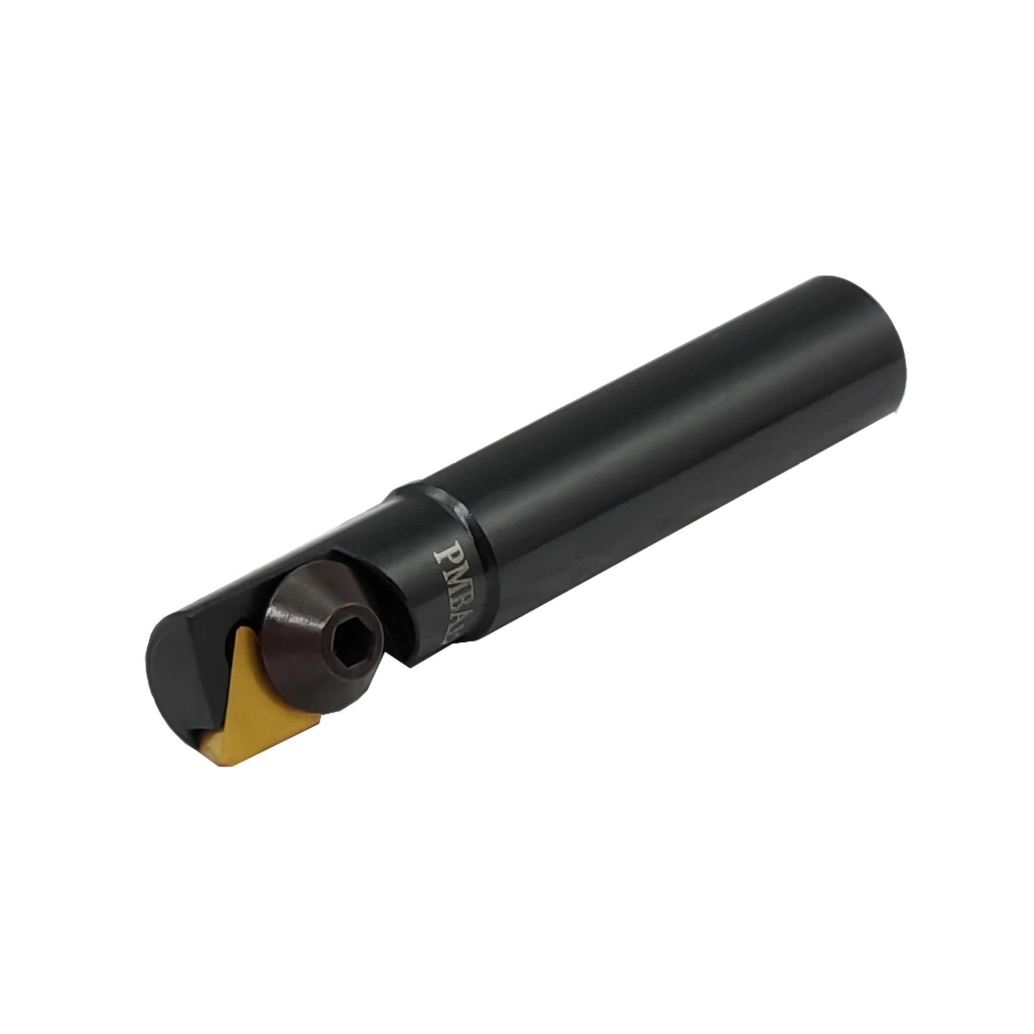 A black cylindrical metal tool holder with a yellow cutting insert and a dark brown cutting edge, shown on a plain white background.