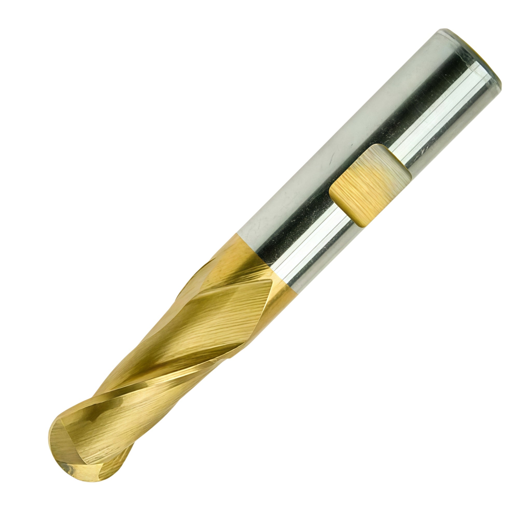A single metal cutting tool with a gold-colored fluted shank and a silver cylindrical head, shown diagonally on a plain white background.