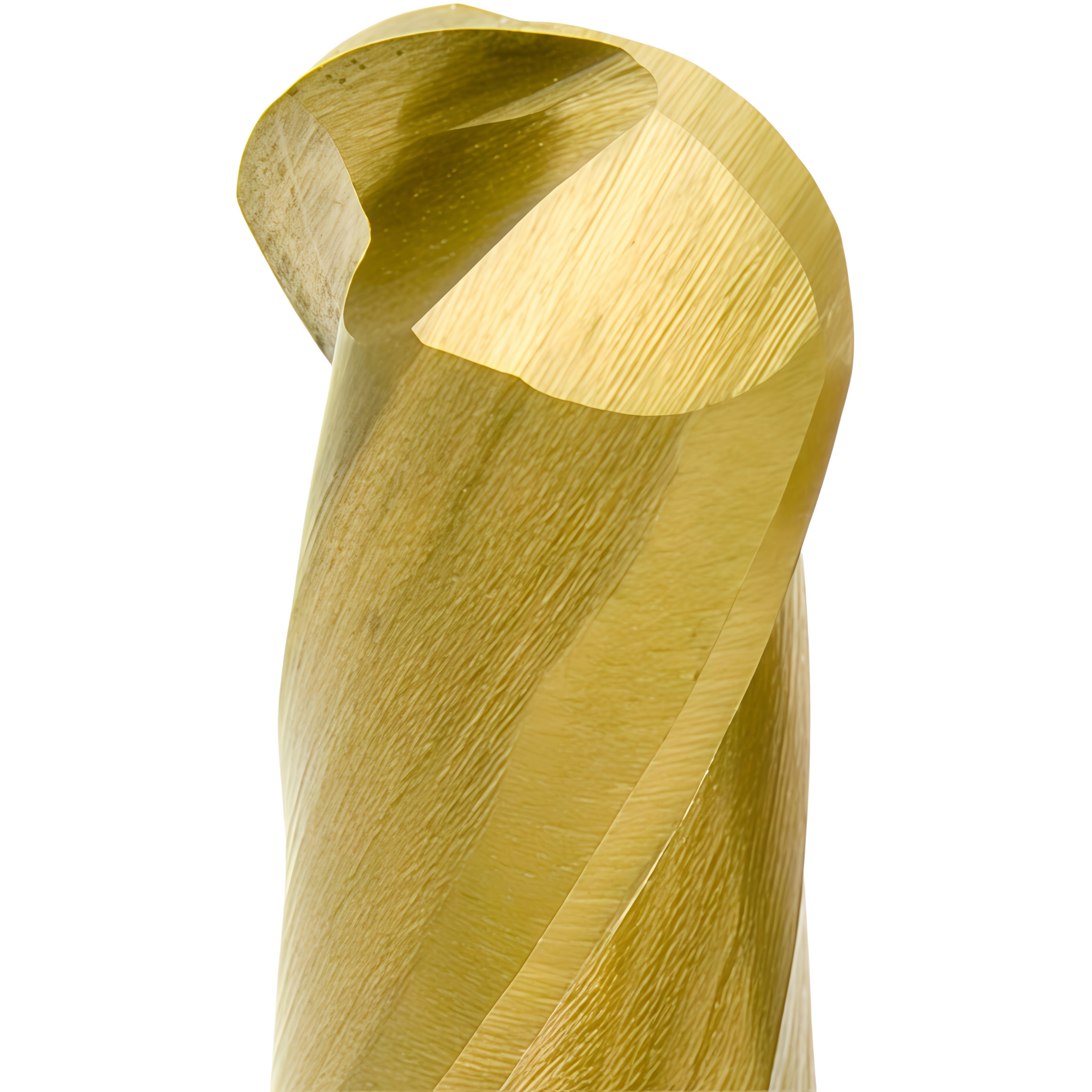 A close-up of a metallic gold end mill with a fluted spiral design and a polished cutting edge, shown against a white background. 