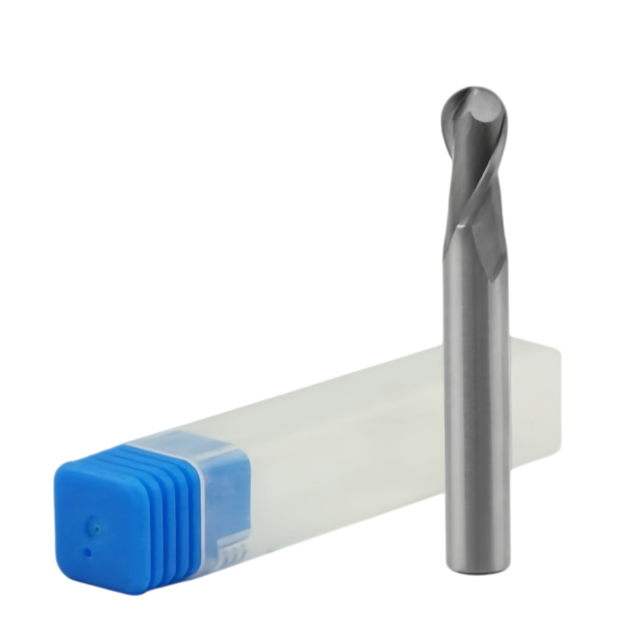 A silver-colored carbide ball nose end mill with a blue and white packaging.