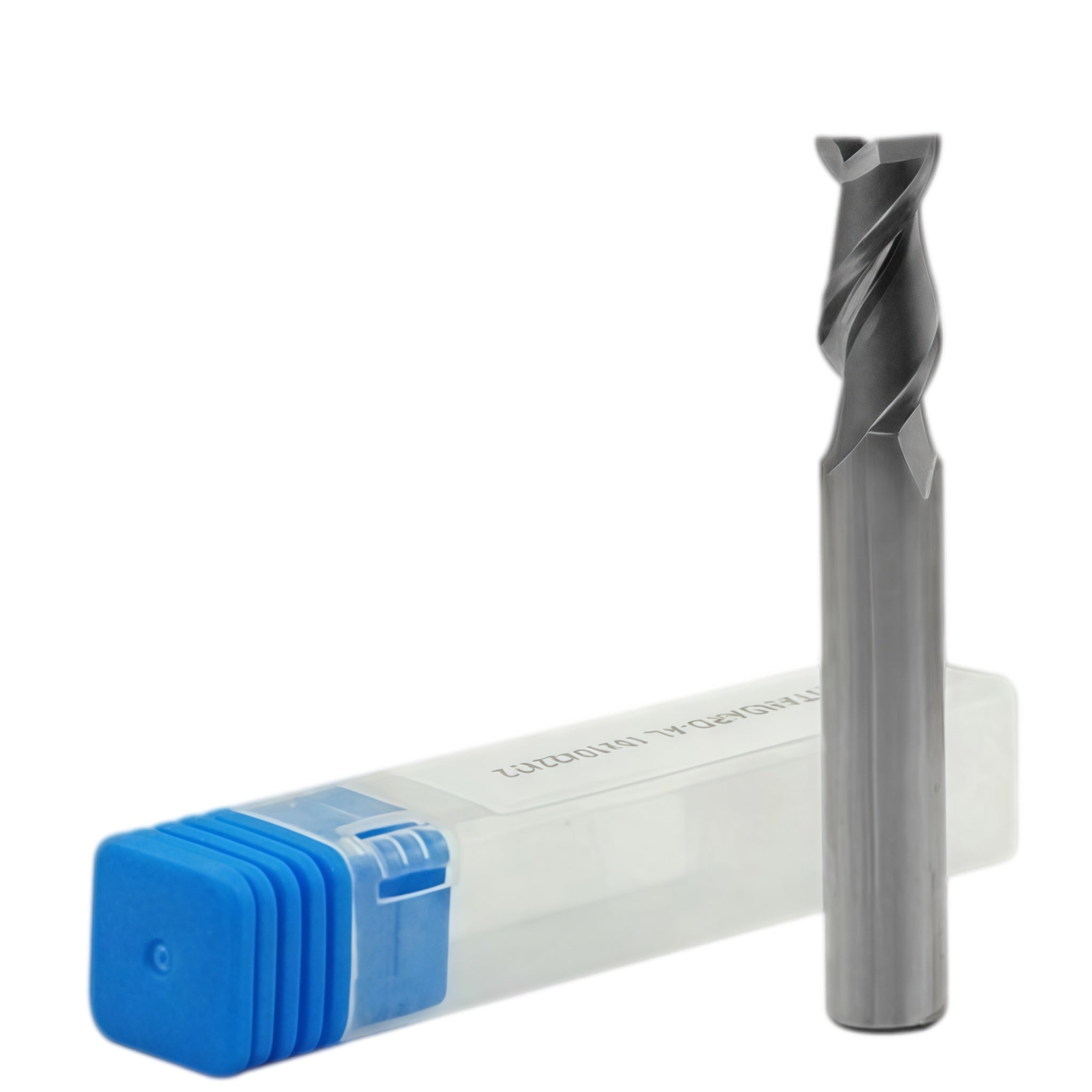 A 2 flute carbide end mill with a blue and white packaging, indicating the product is used for milling aluminum, plastics, and other non-ferrous materials.