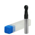 A 2 flute TiAIN coated ball nose end mill with a silver color, displayed alongside its packaging with blue and white elements.