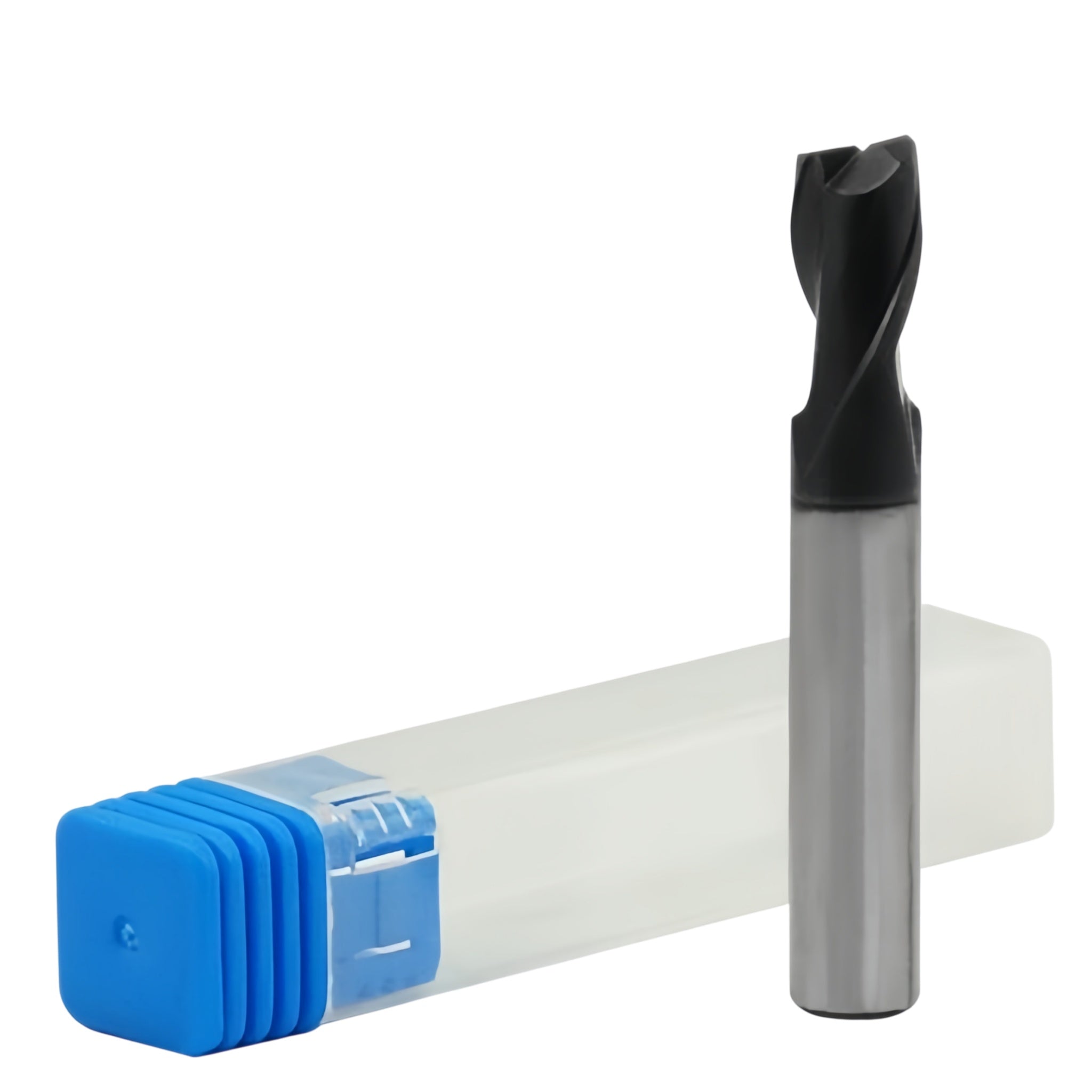 A 2 flute TiAIN coated carbide end mill with a blue cap next to its packaging tube.