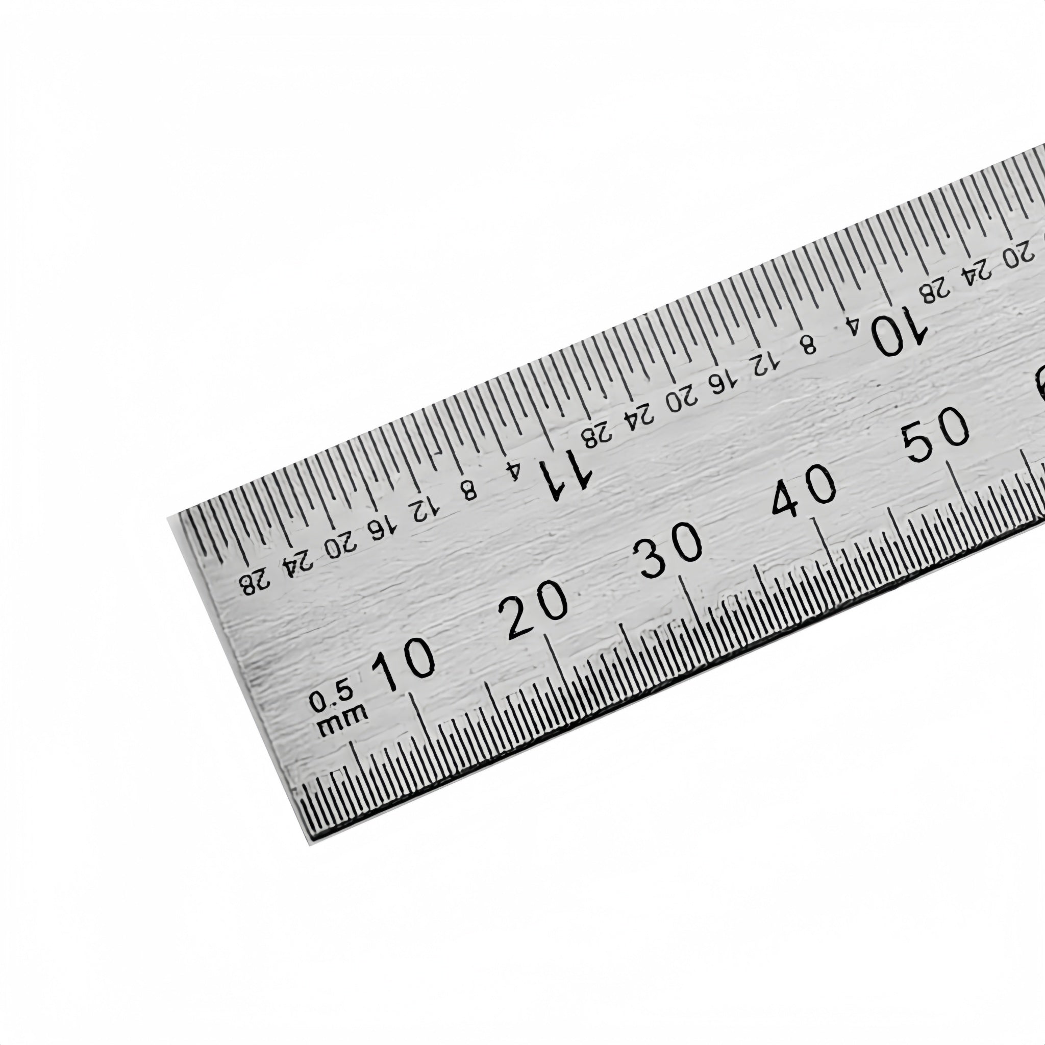 A stainless steel ruler with black printed measurements in centimeters and millimeters, shown diagonally on a plain white background.