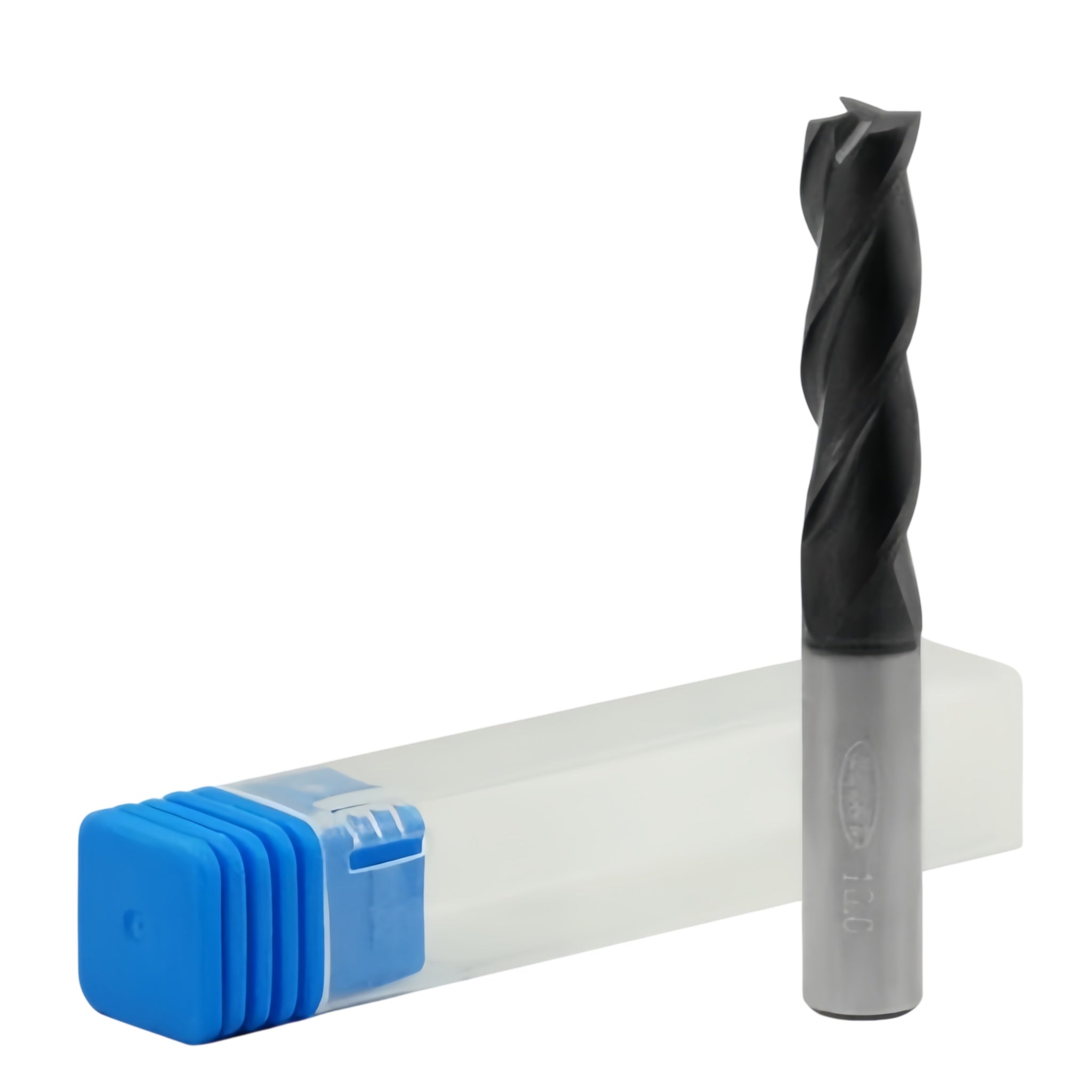 A 3 flute TiAIN coated carbide end mill with a long series design, displayed alongside its packaging with blue accents.