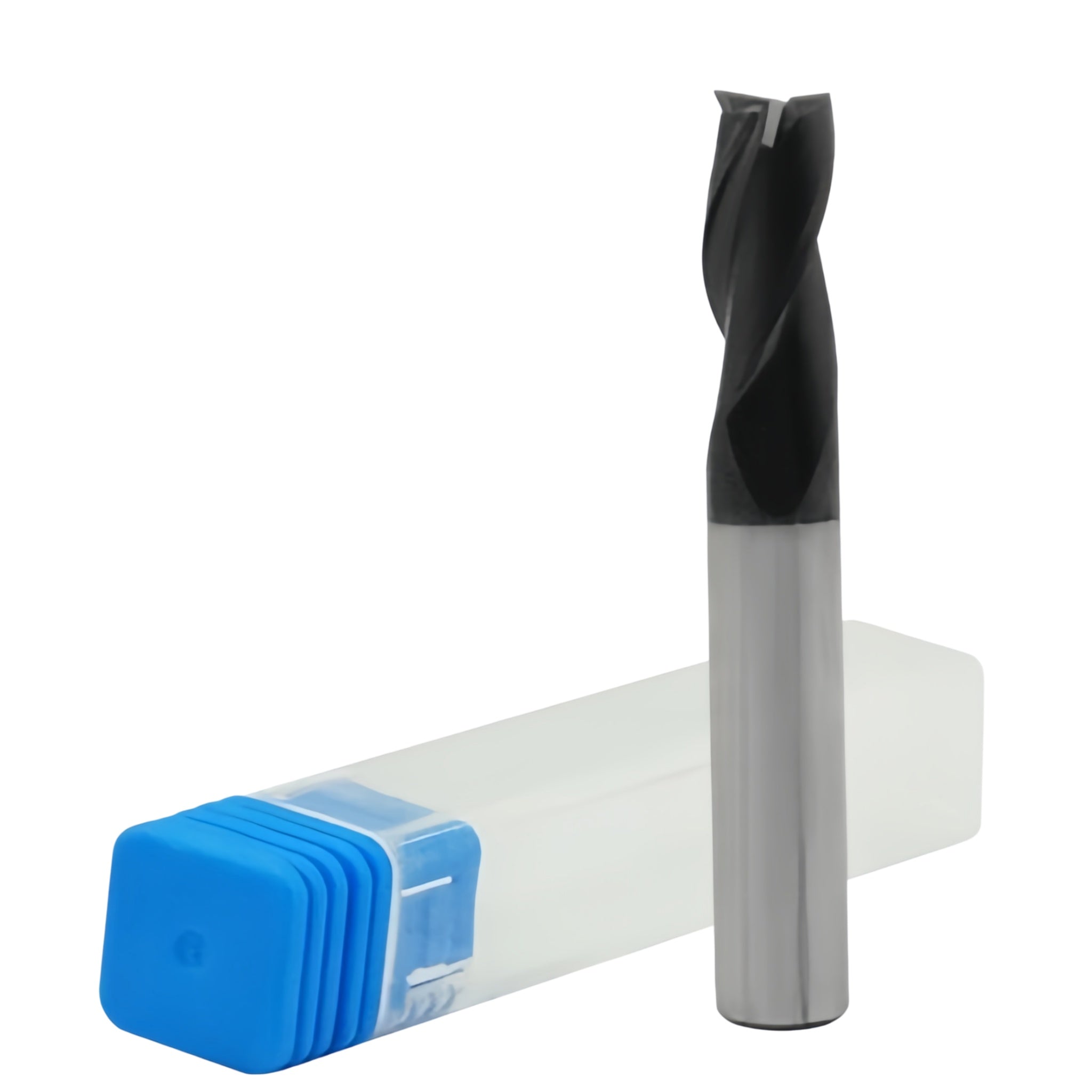A 3 flute TiAIN coated carbide end mill with a blue and white packaging.
