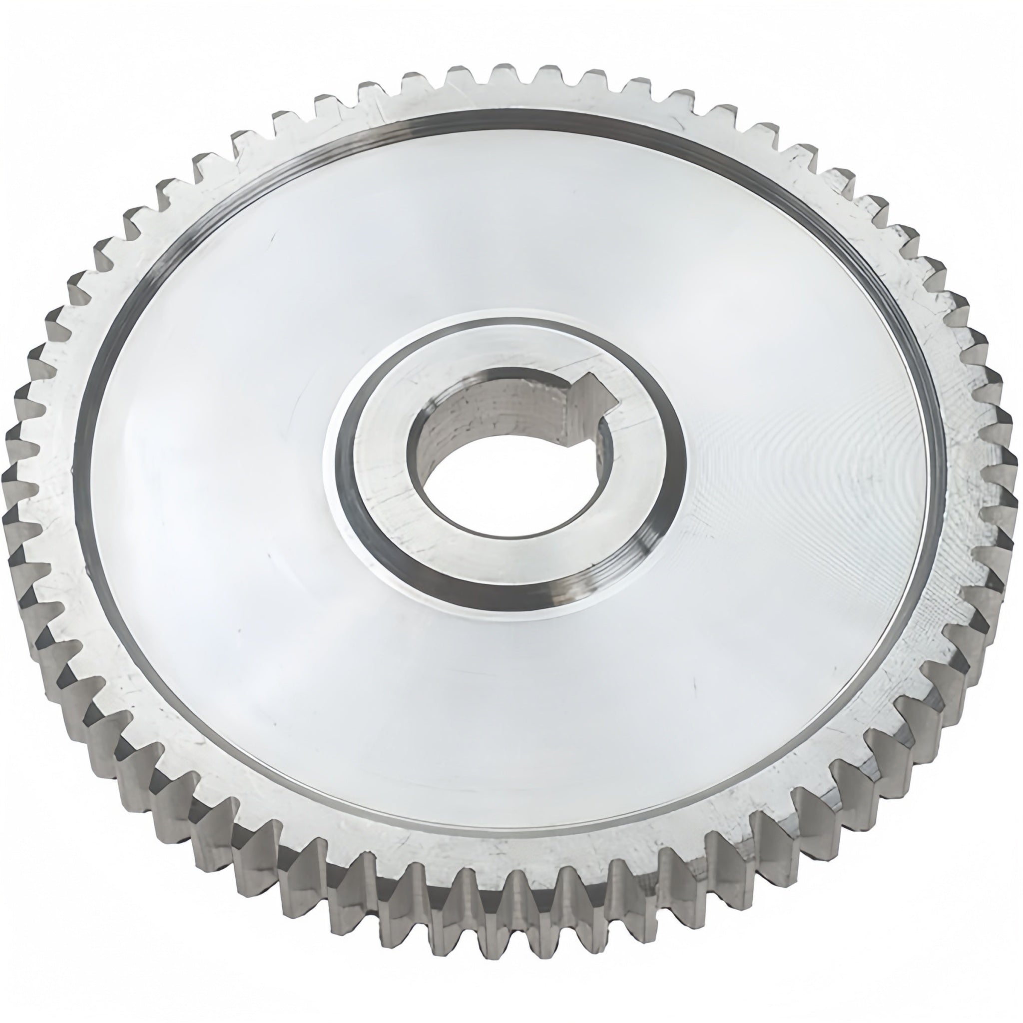 A metallic silver sprocket or gear wheel with a toothed outer edge and a central hole, shown on a plain white background.