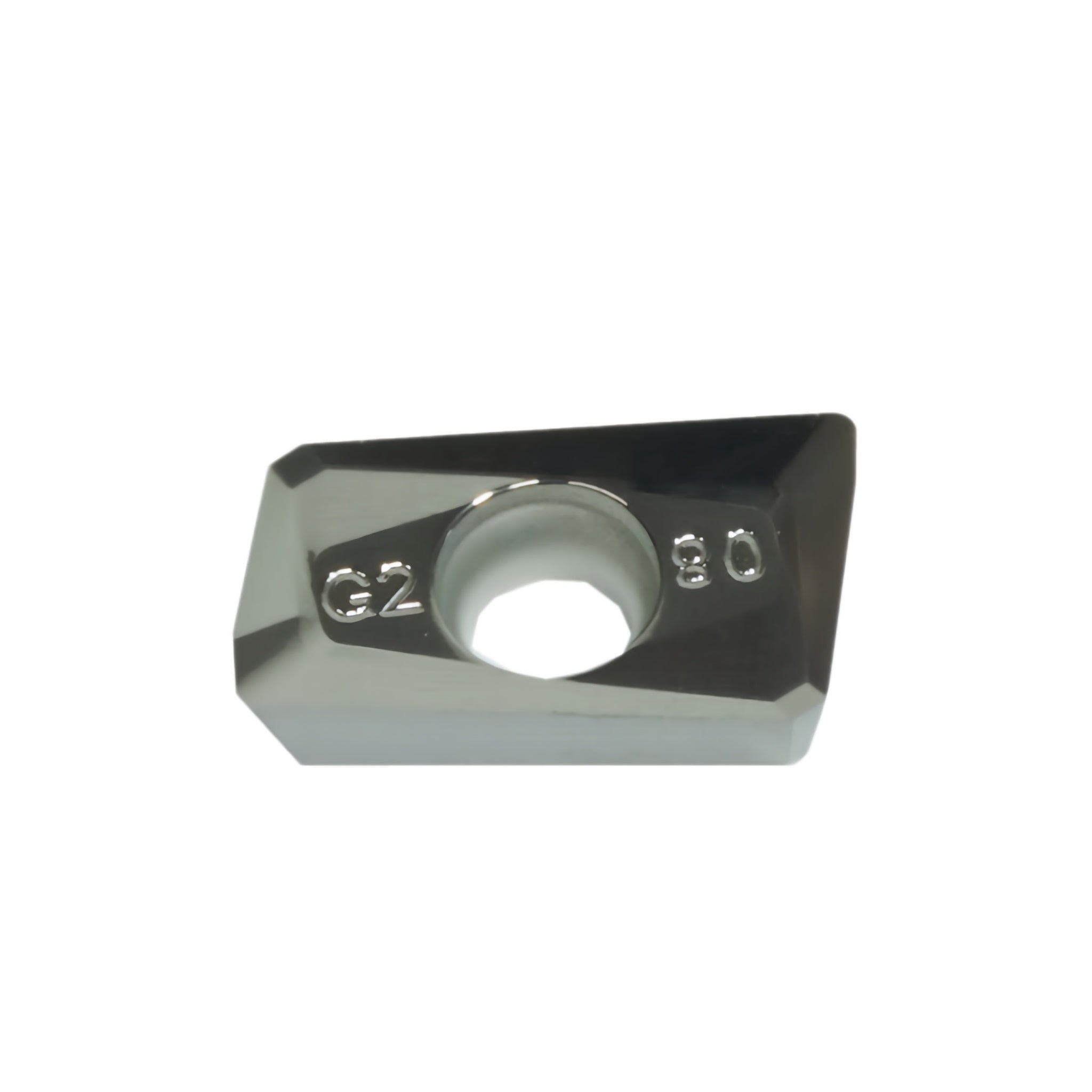 A single metallic turning insert with a central hole, featuring the stamped characters 'G2' and '80' on its faces, shown on a plain white background.