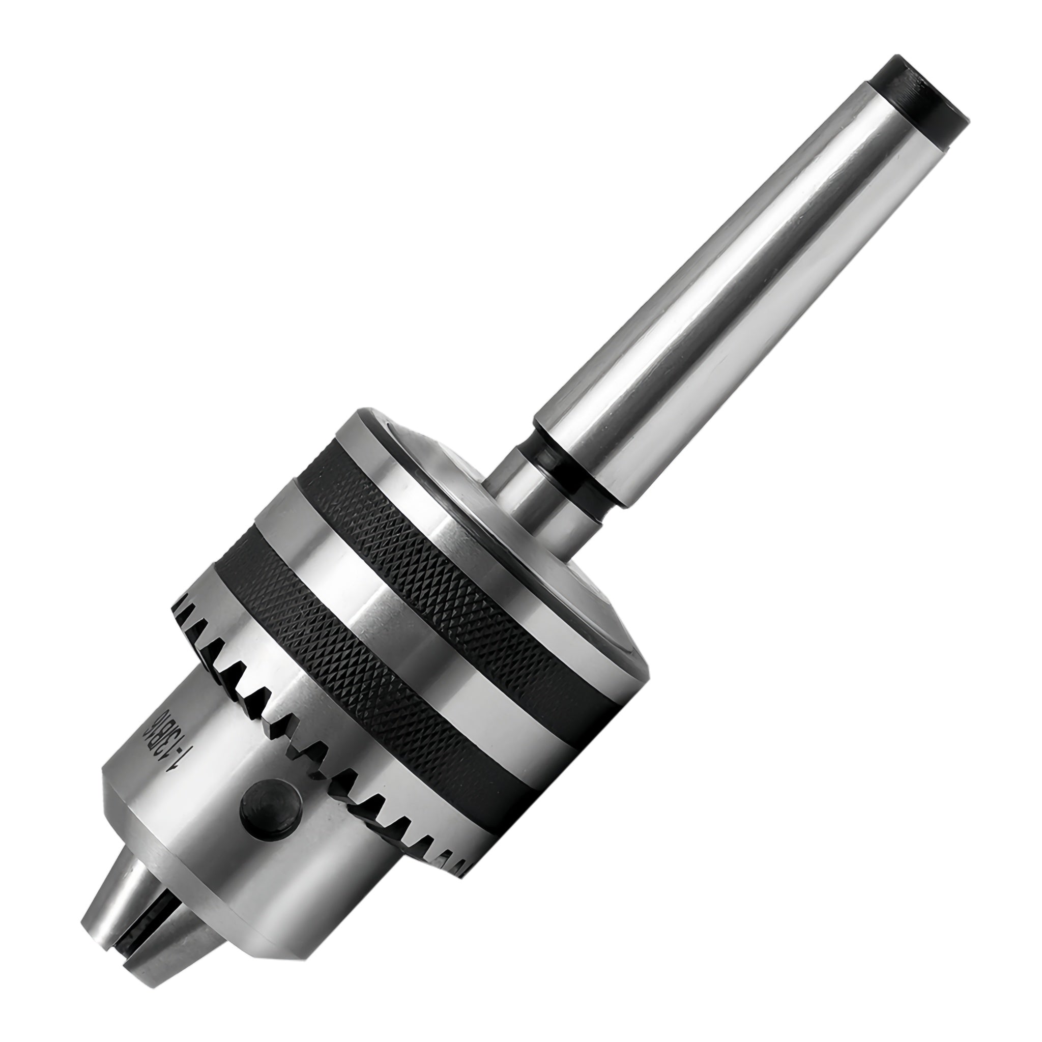A metallic drill chuck with a long shank, featuring silver-toned steel body, black textured adjustment bands, and a black end cap, shown on a plain white background.