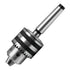 A metallic drill chuck with a long shank, featuring silver-toned steel body, black textured adjustment bands, and a black end cap, shown on a plain white background.