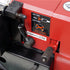 Close-up of a red and black industrial machine control panel with adjustment levers, a black instruction label reading left feed, stop, right feed, and high/low, plus a visible Ausee Machines & Tools watermark at the bottom.