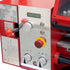 Close-up of a red and silver bench lathe control panel with large red and white knobs, a small digital display, and printed operation labels and diagrams.