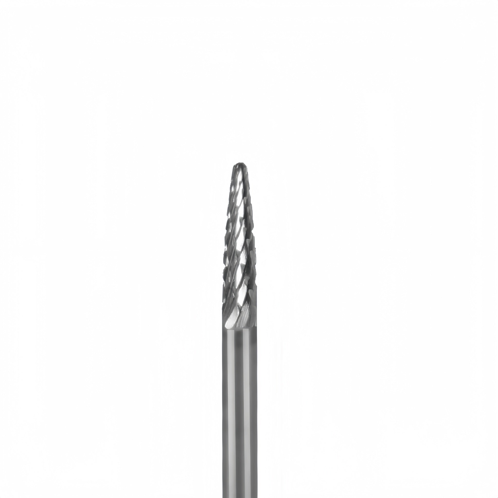 A single metallic rotary burr bit with a fluted cutting head and straight shank, shown vertically against a plain white background.