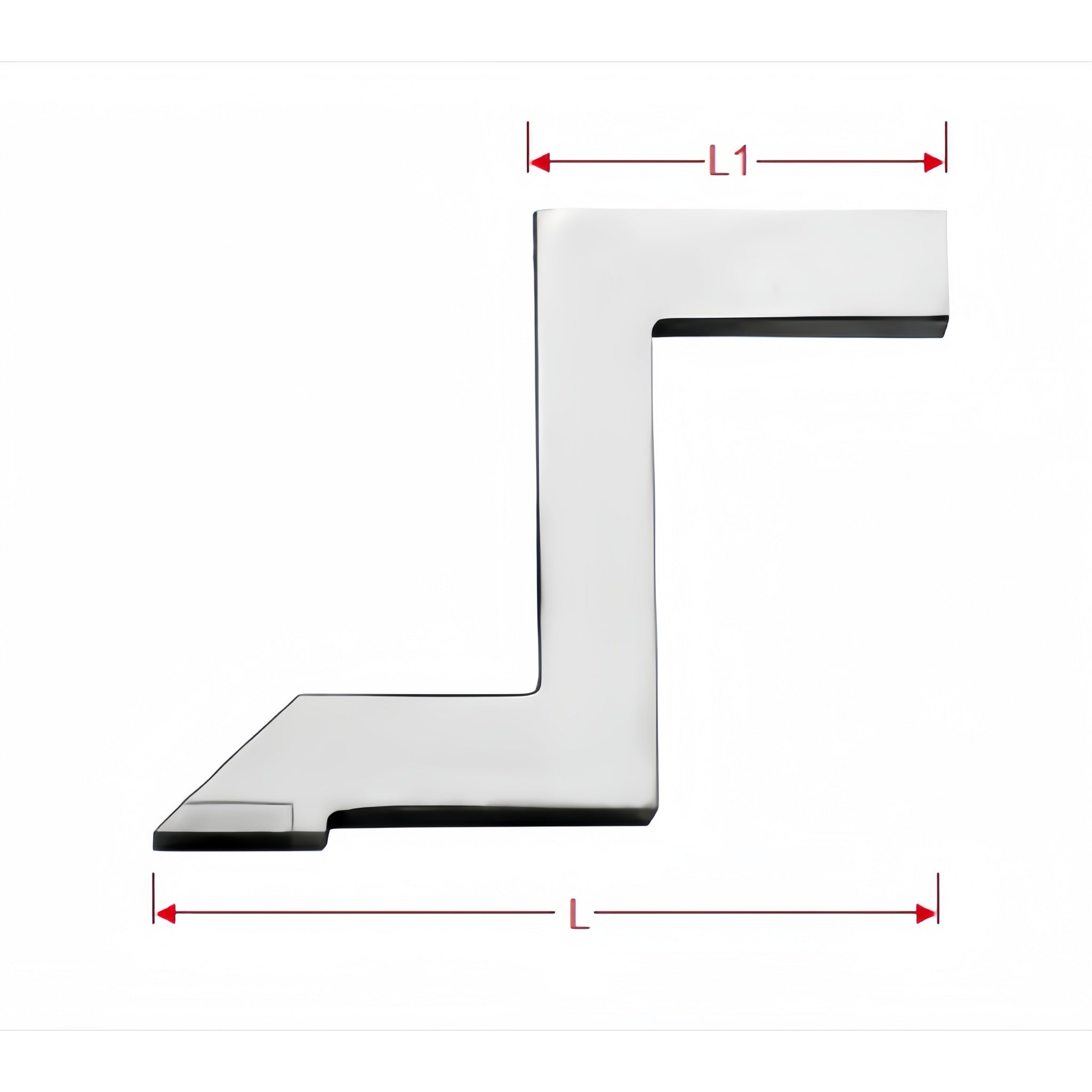 A chrome metal L-shaped hardware piece on a white background with red dimension arrows and labels L and L1 indicating measurements.