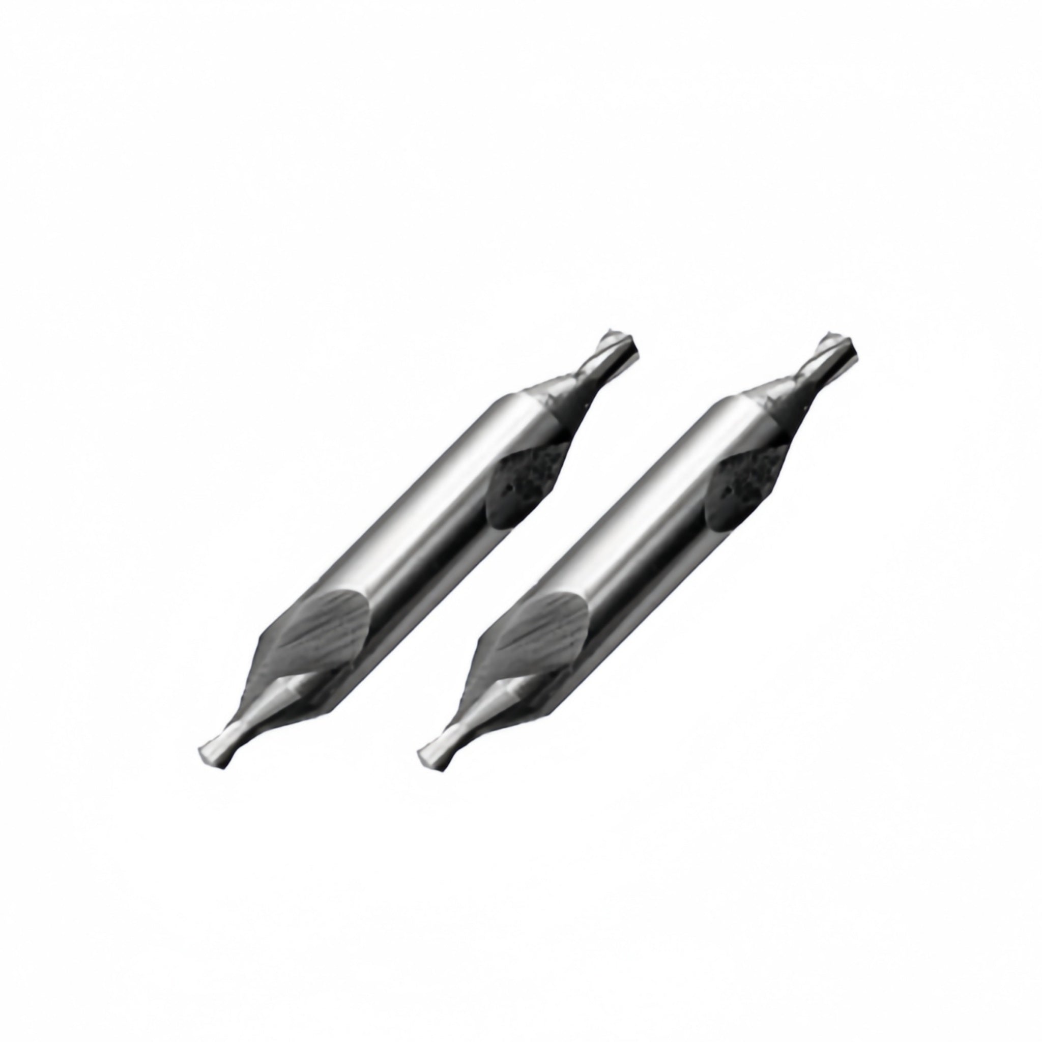 Two high-speed steel center drill bits, one with a 4mm body diameter and one with a 5mm body diameter, each having a pilot diameter visibly marked on the drill bit shank.