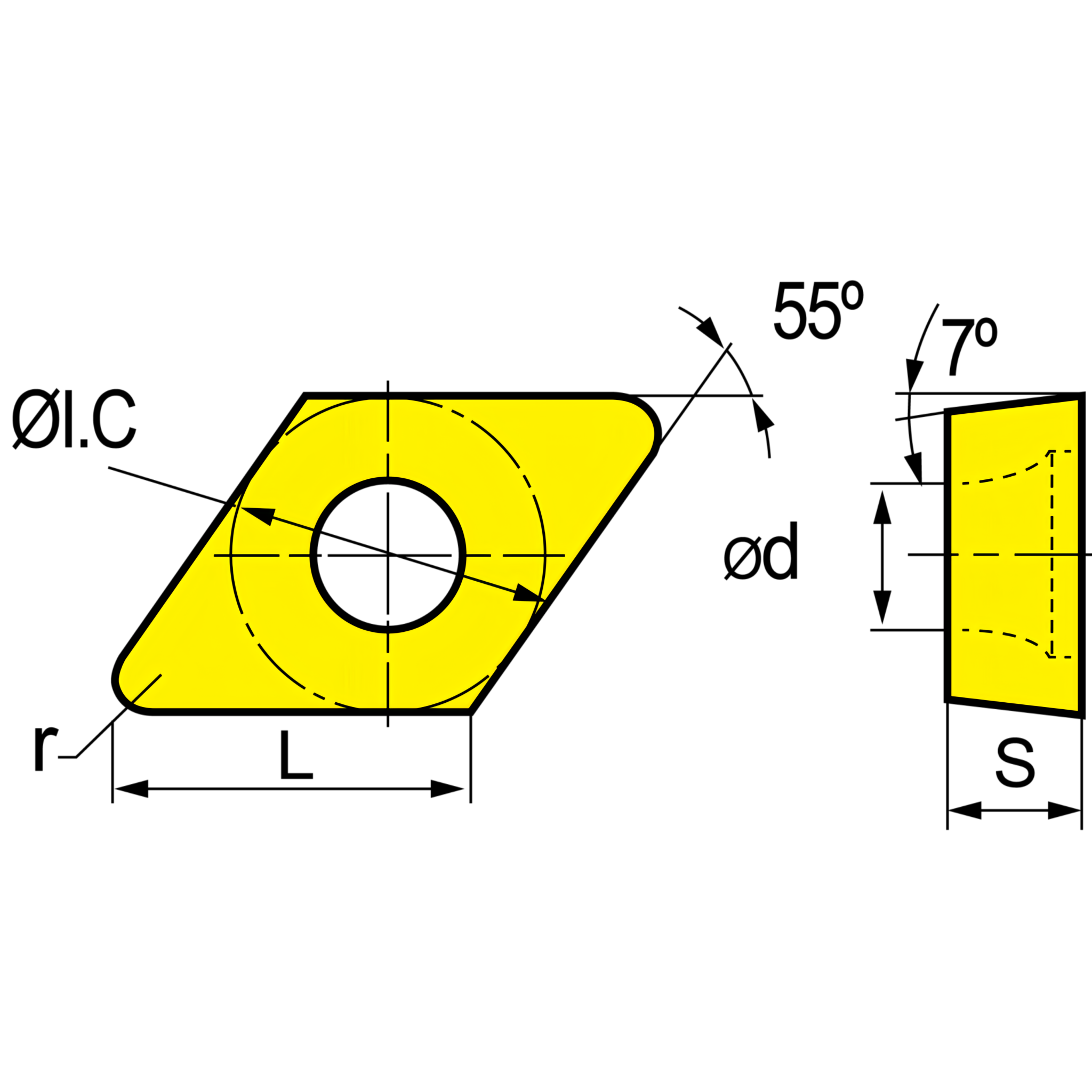 Technical dimension drawing of a yellow flat rectangular carbide insert with rounded corners, a central hole, and labeled dimensions including L, d, S, r, Øl.C, and 55°.