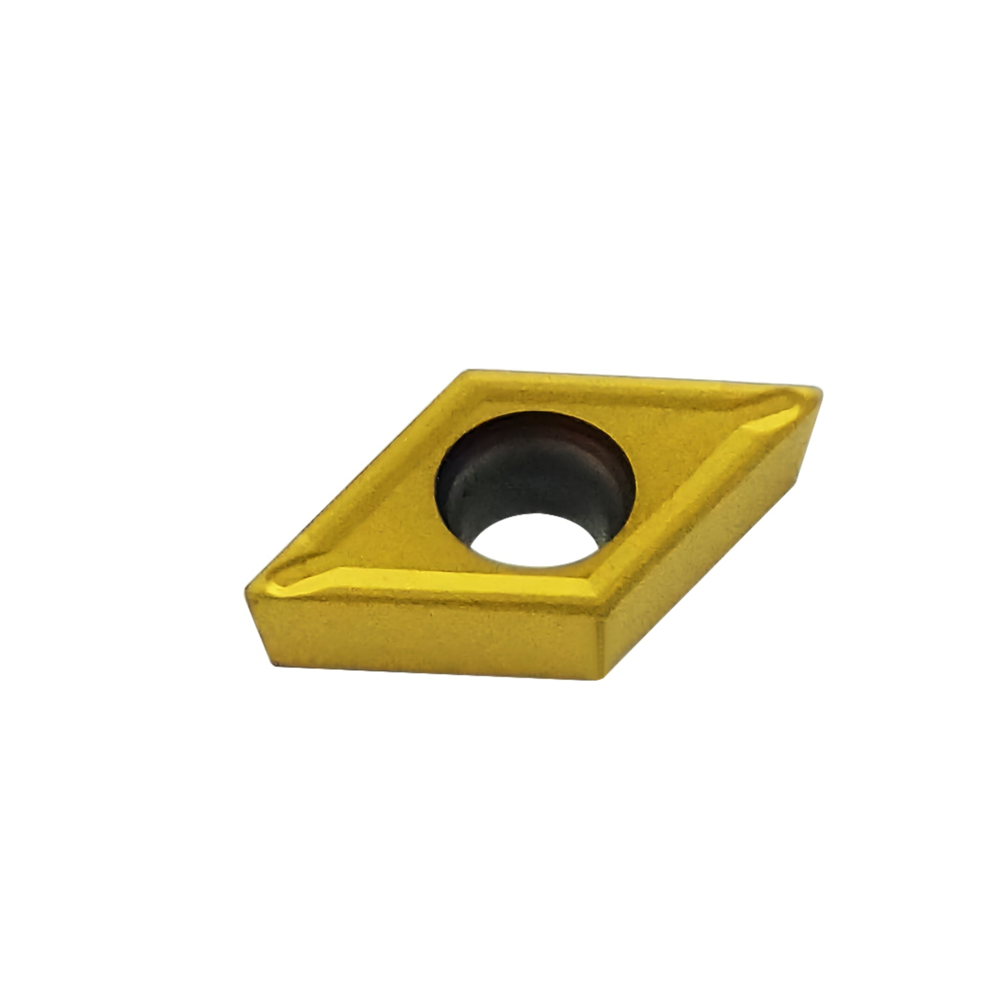 A single metallic gold carbide turning and boring insert with a central hole, shown on a plain white background.