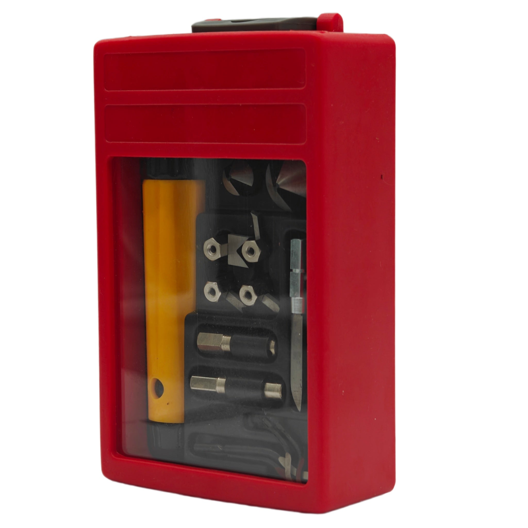 A red plastic tool kit case with a clear front window showing various small hand tools and a yellow cylindrical component inside, set against a plain white background.