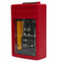 A red plastic tool kit case with a clear front window showing various small hand tools and a yellow cylindrical component inside, set against a plain white background.