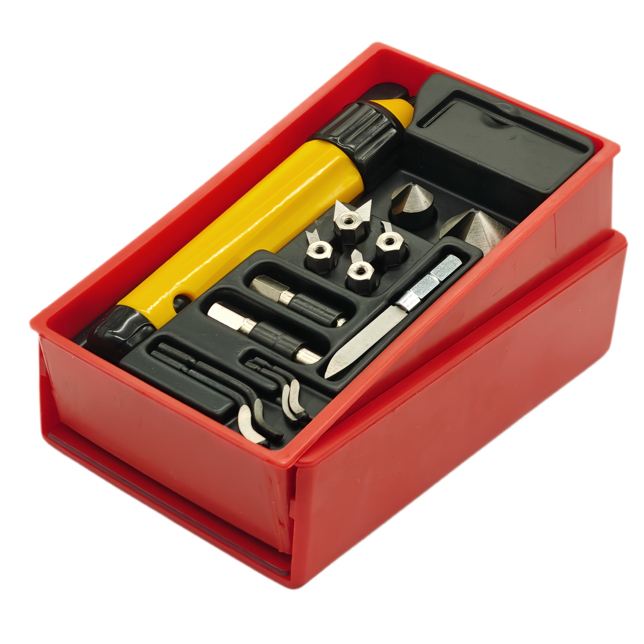 A yellow and black rotary tool set displayed inside an open red plastic storage case with black foam inserts, photographed on a white background.
