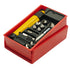 A yellow and black rotary tool set displayed inside an open red plastic storage case with black foam inserts, photographed on a white background.