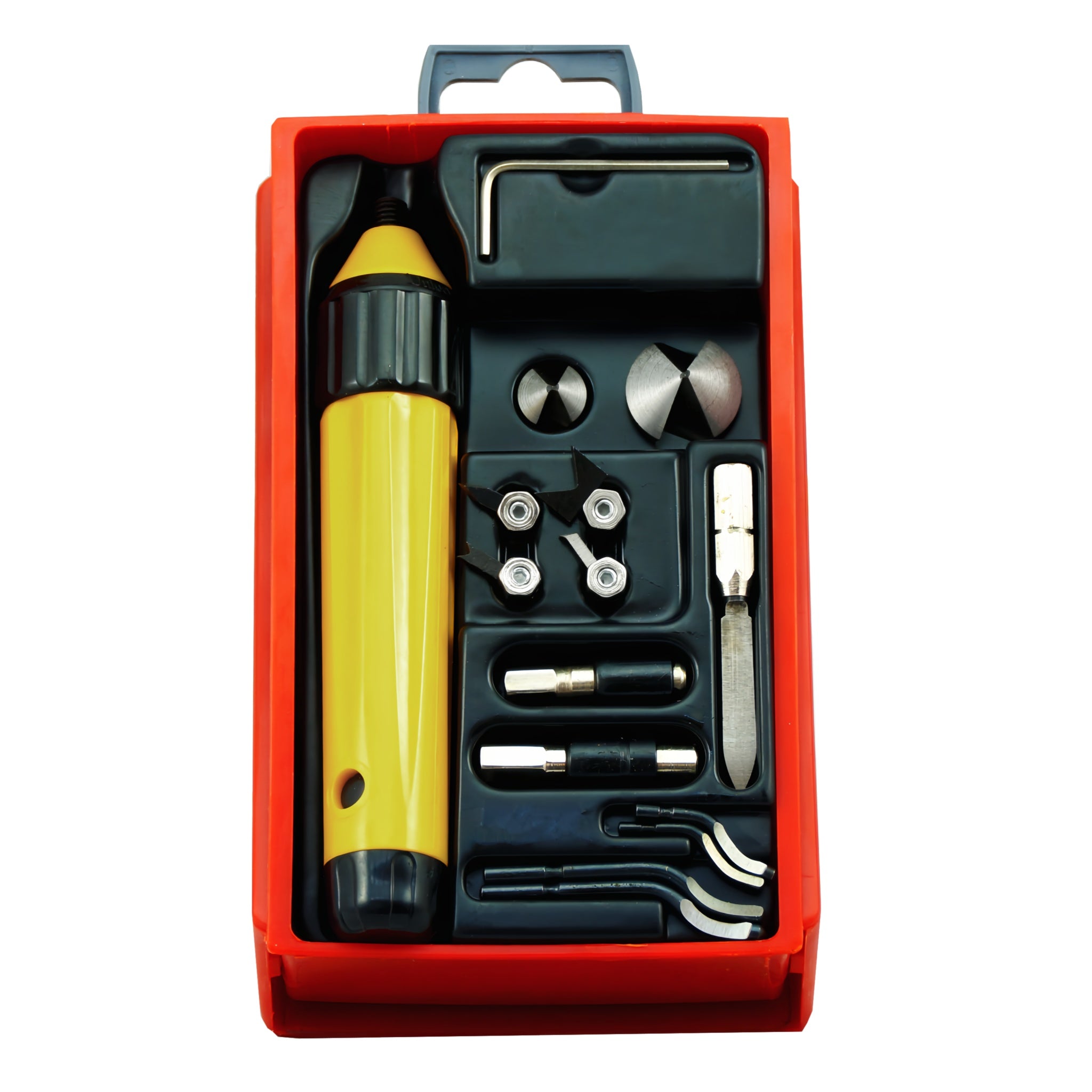 A set of deburring tools including a telescopic handle, countersinks, a scraper, various deburring blades, and additional tools, neatly arranged in a red carrying case with a yellow and black handle prominent in the image.