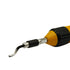 Close-up of a yellow and black handheld tool with a curved metaldeburring blade shown on a plain white background.