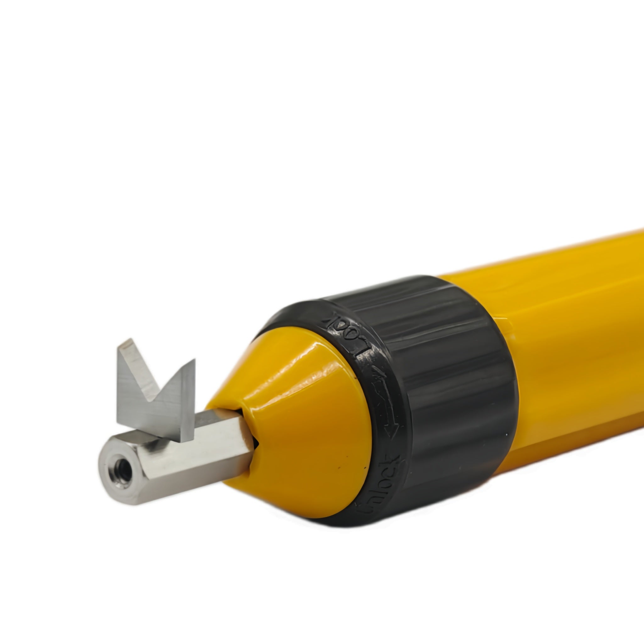 Close-up of a yellow and black cylindrical tool attachment with a metal hook-like tip, shown on a plain white background.