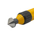Close-up of a yellow and black power tool bit holder with a silver metal cutting bit, shown on a plain white background.