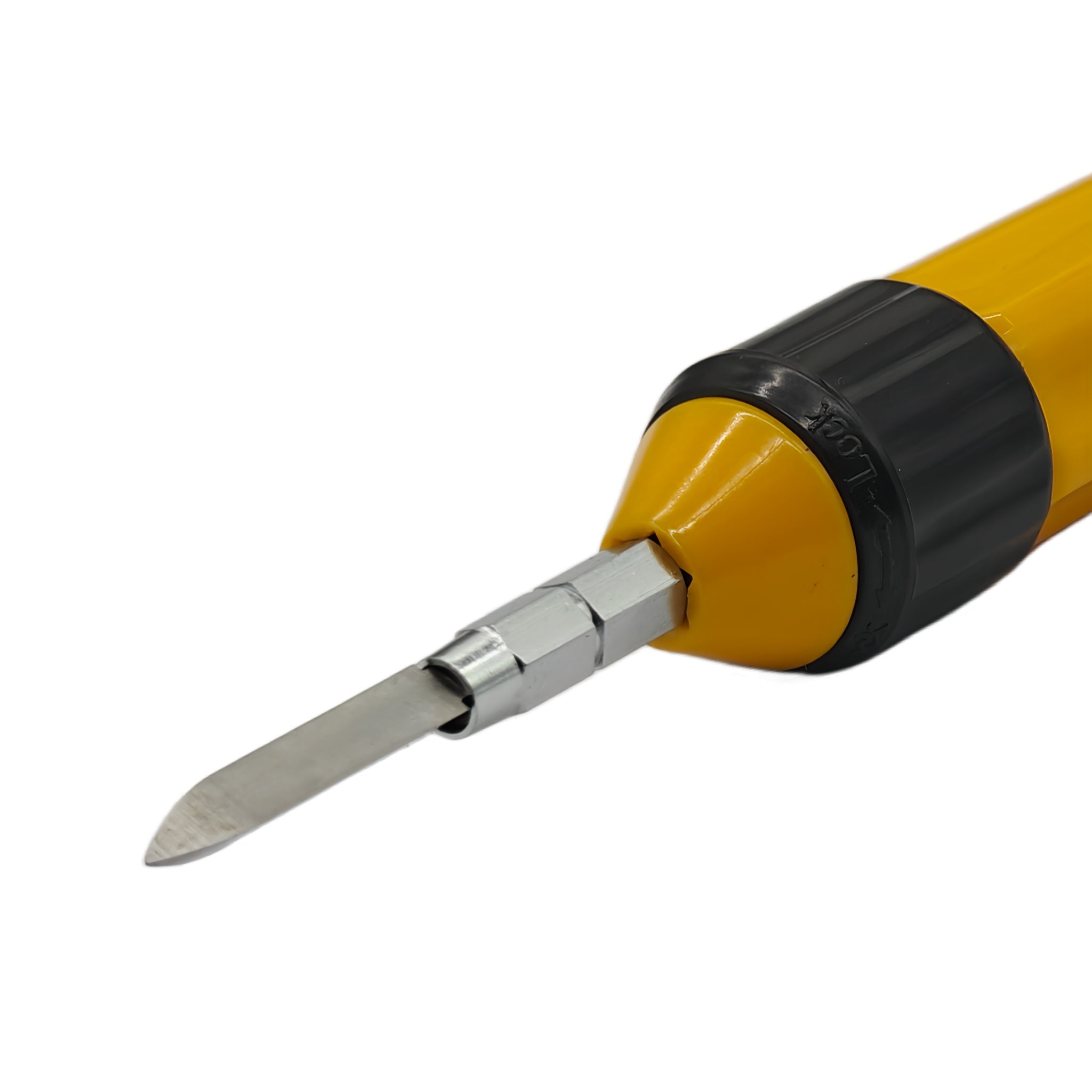 Close-up of a yellow and black soldering iron tip with a silver metal blade, shown on a plain white background.