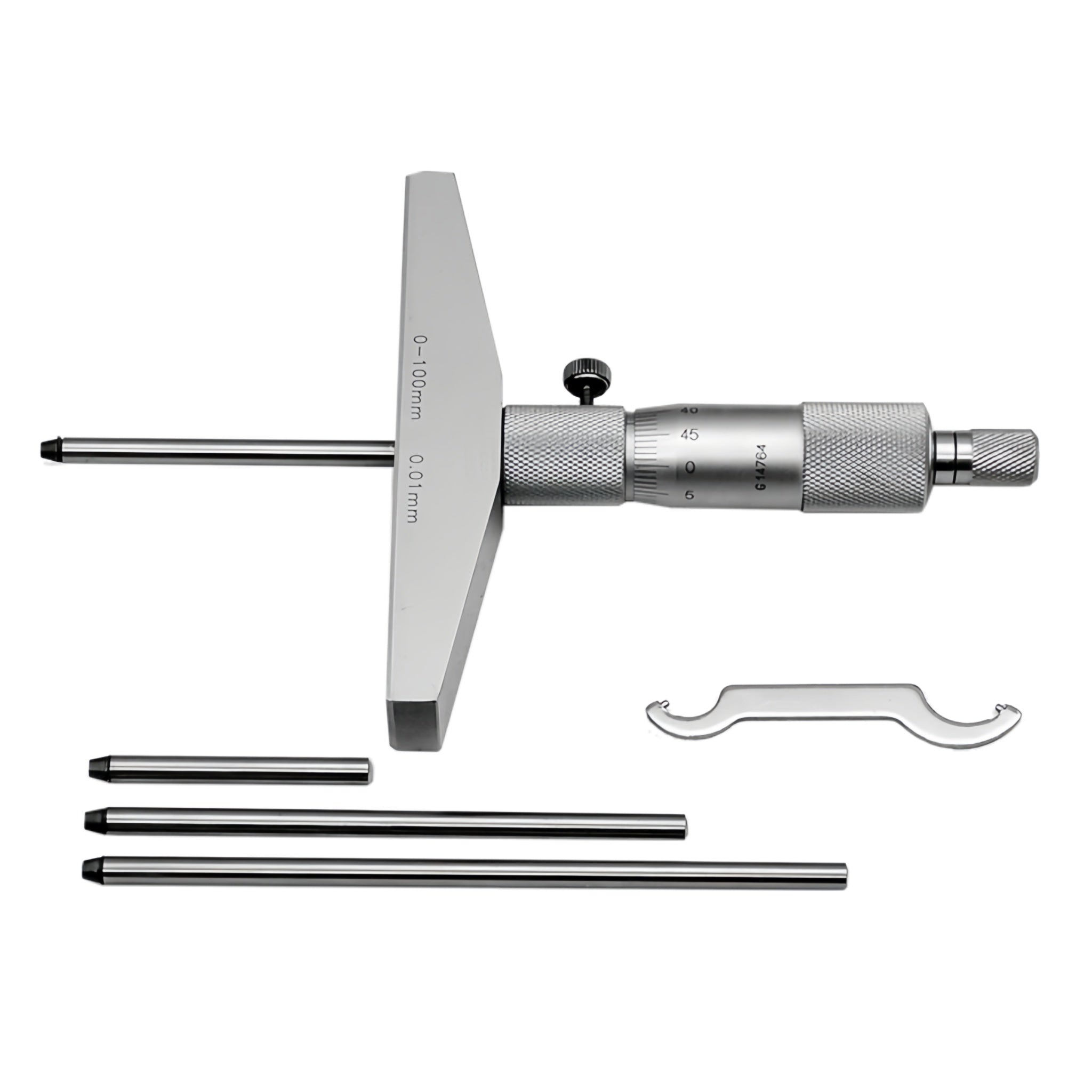 A precision micrometer tool with a T-peg frame, knurled measurement body, and several metal rods, shown on a plain white background.