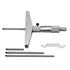 A precision micrometer tool with a T-peg frame, knurled measurement body, and several metal rods, shown on a plain white background.