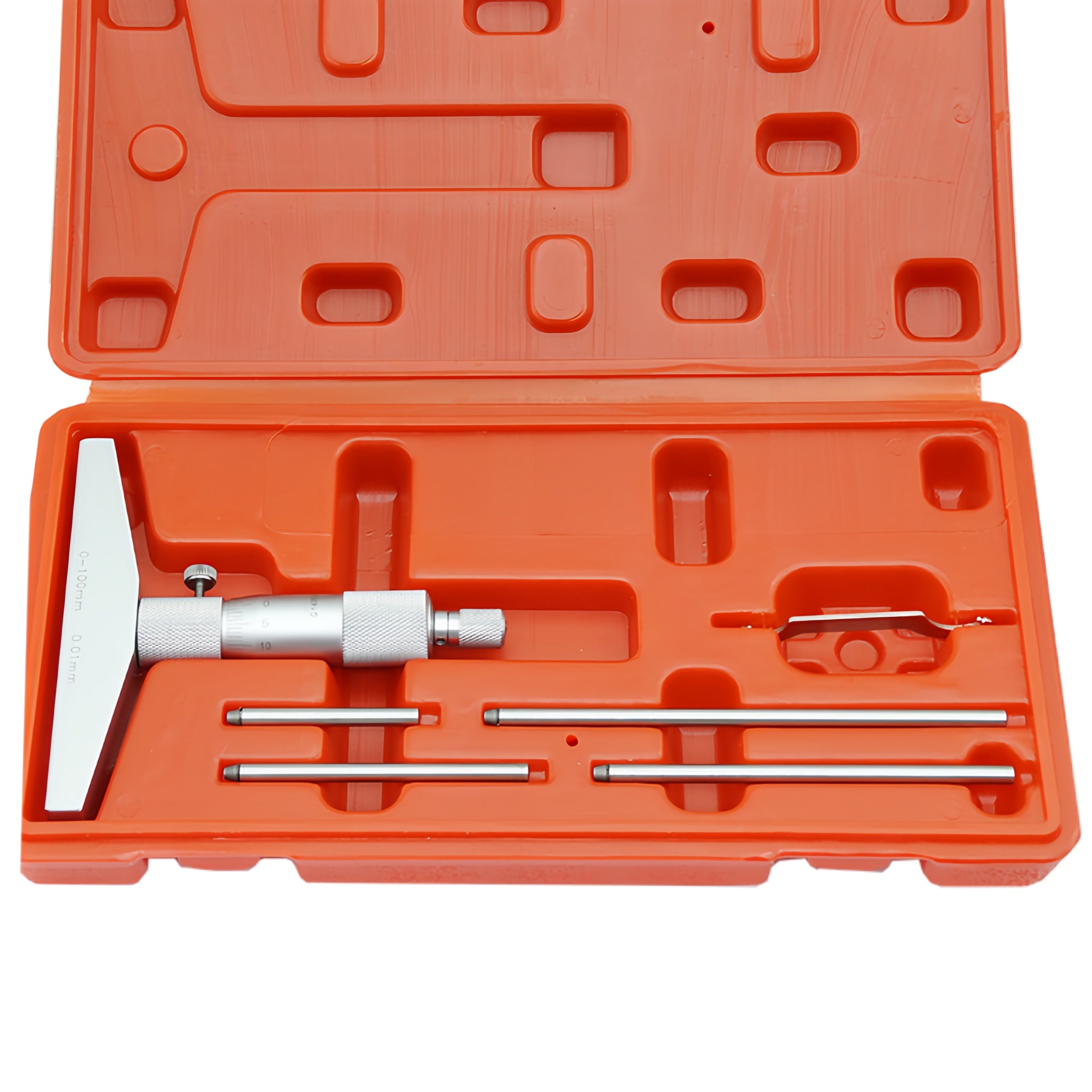 A metal micrometer tool set displayed inside an open bright orange plastic case on a white background.