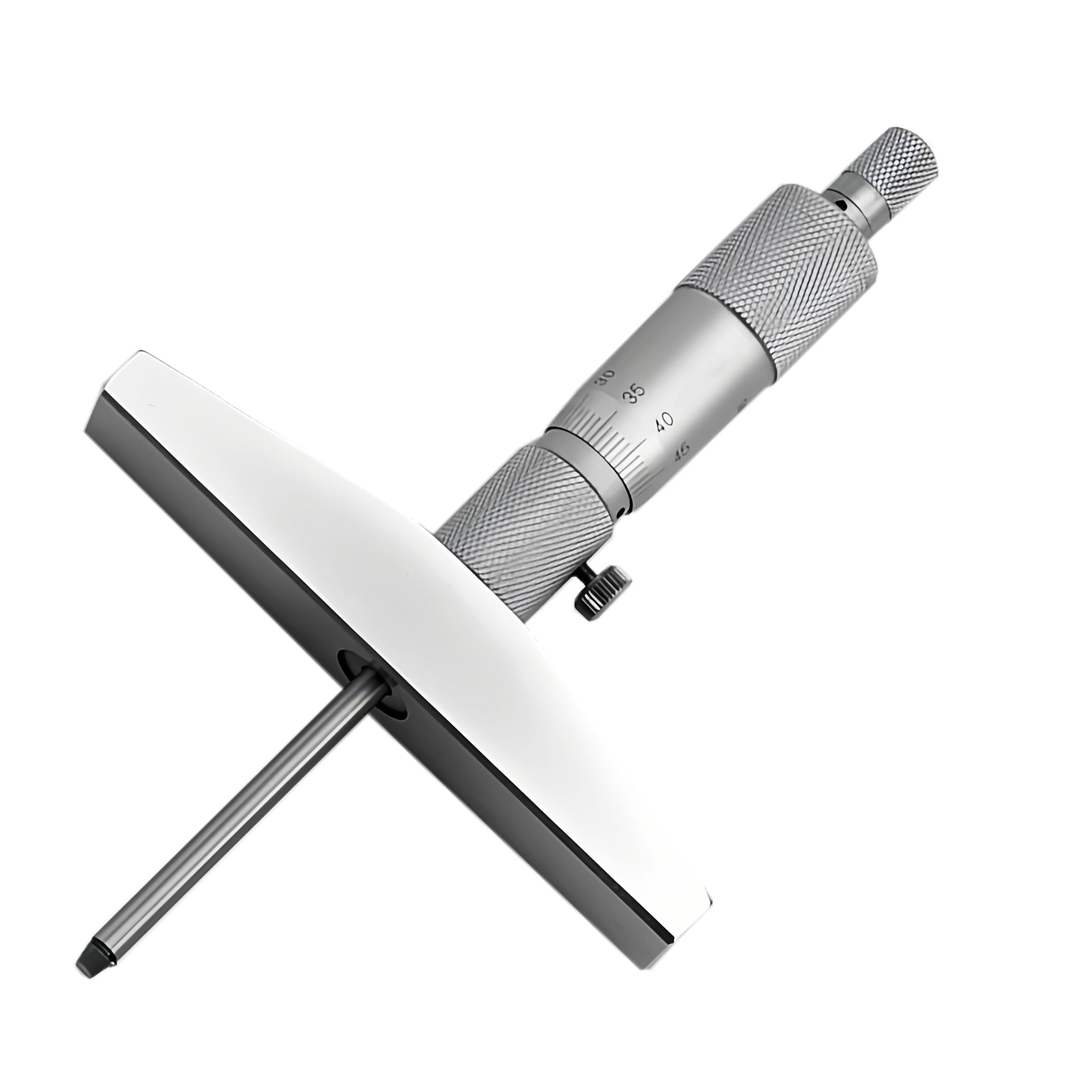 A digital depth micrometre with a silver body and gray adjustments, against a white background.