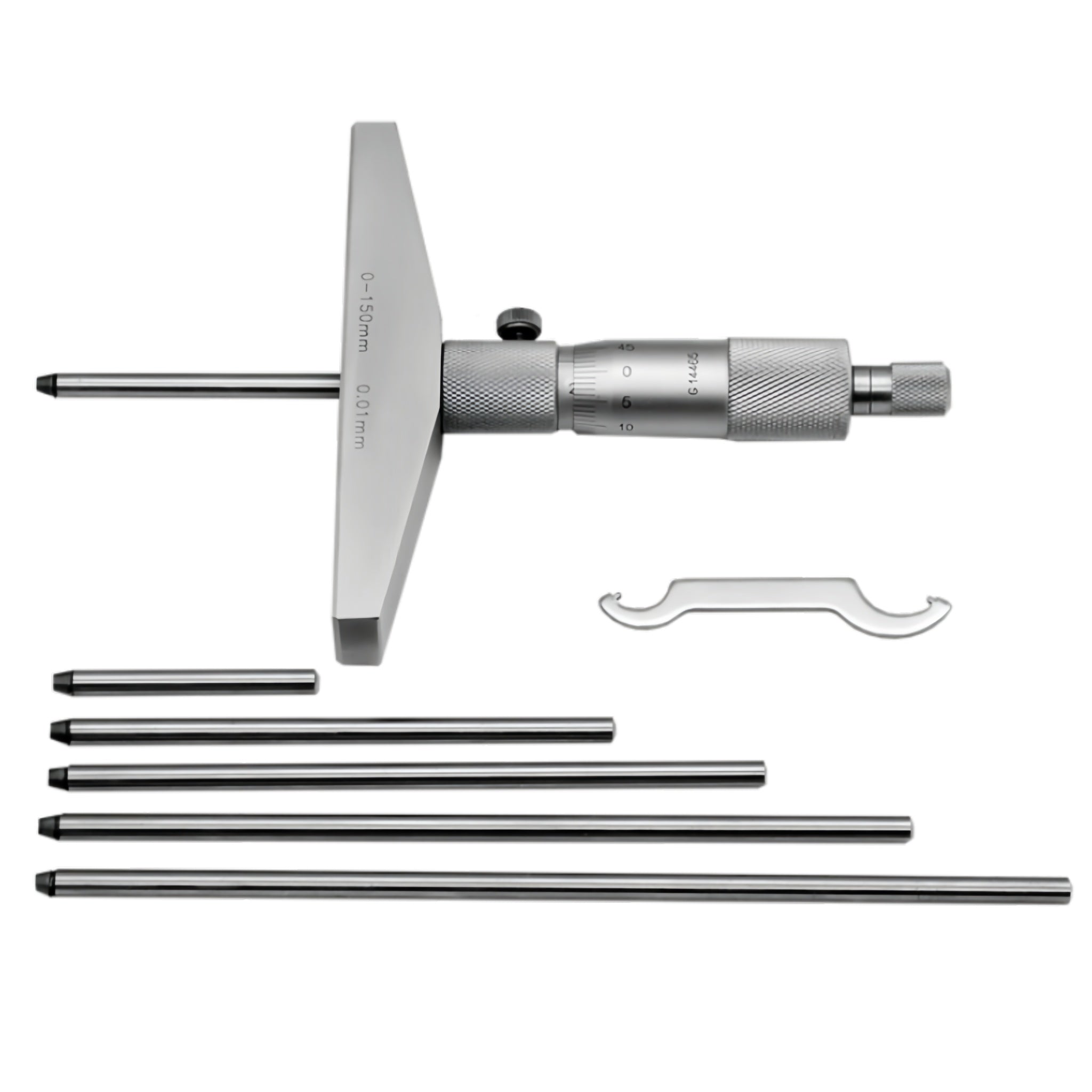 A metal micrometer tool set with a main measuring body, several interchangeable rods, and a small wrench, photographed on a plain white background.