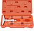 A metal micrometer set with multiple steel gauge components and a T-handle wrench, neatly arranged inside an open bright orange plastic storage case on a white background.
