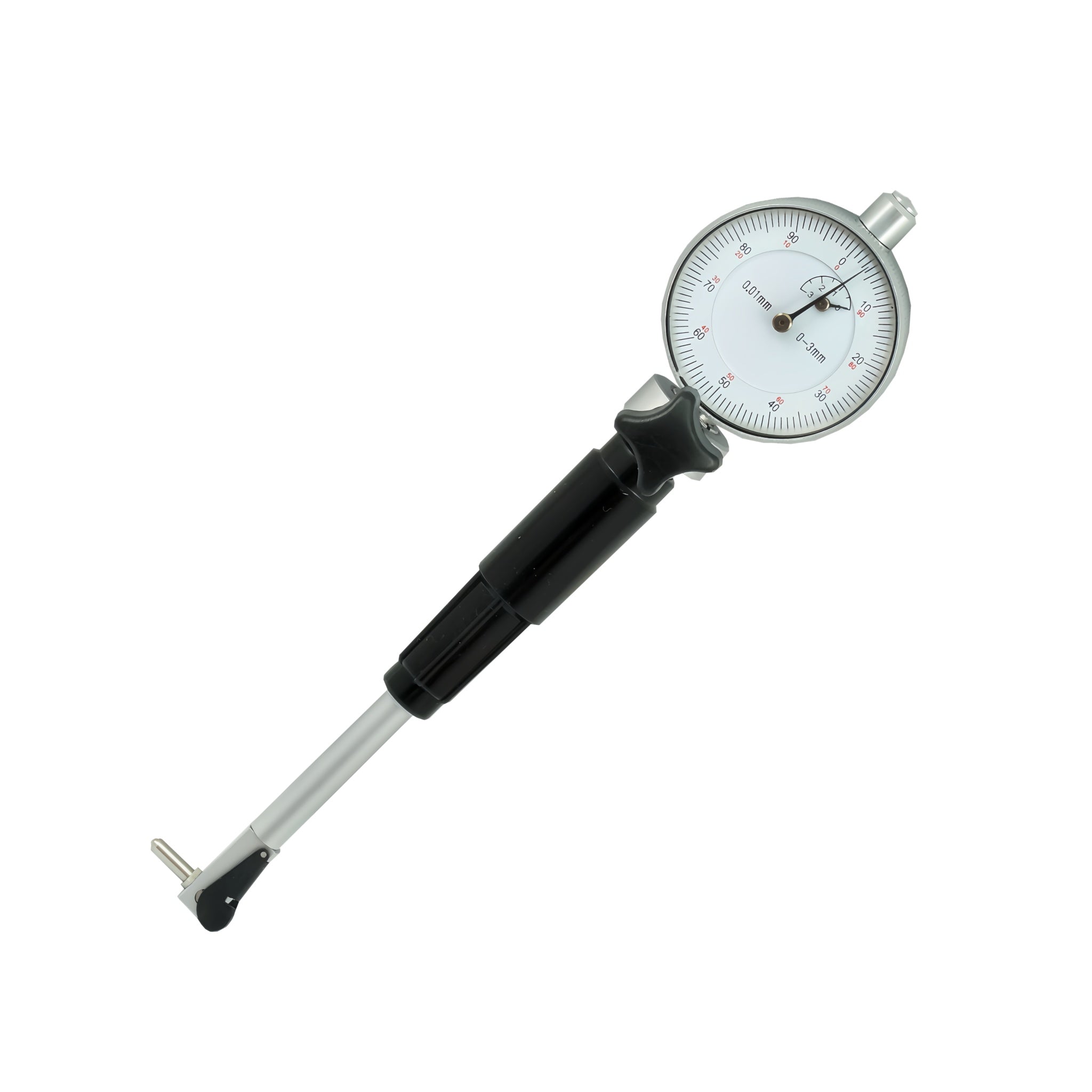 A dial indicator with a silver metal body, black grip, and white dial face, photographed on a plain white background.