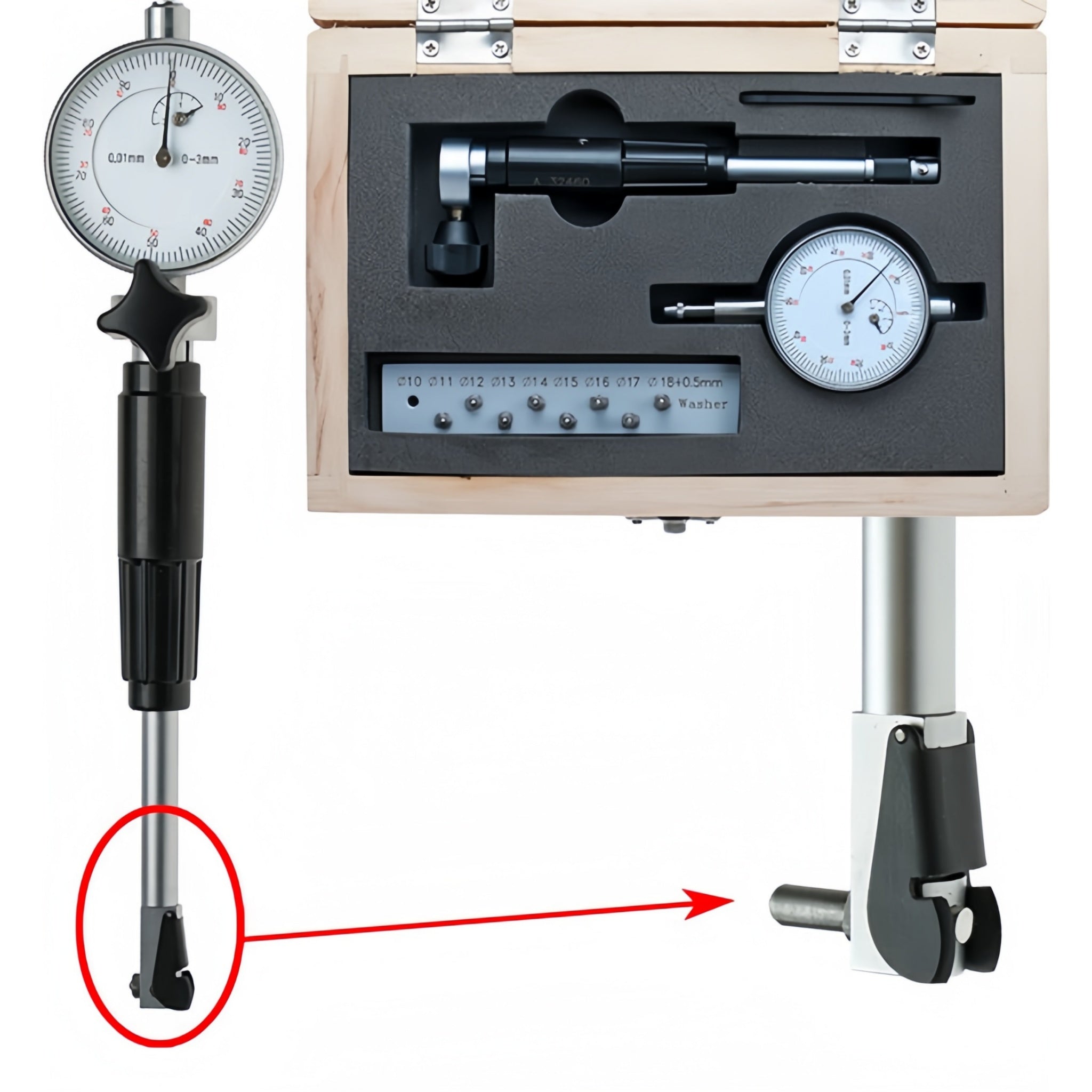A dial indicator set shown with the indicator gauge detached on the left, the gauge mounted inside a wooden storage case on the upper right, and the mounting clamp on the lower right with a red arrow pointing to the feet. The product is photographed on a plain white background.
