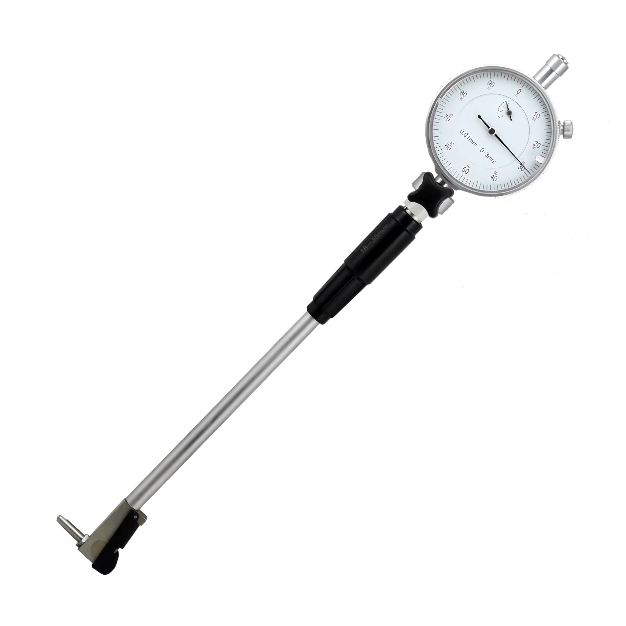 A dial indicator with a silver metal tube, black handle grip, and white measurement dial face, isolated on a white background.