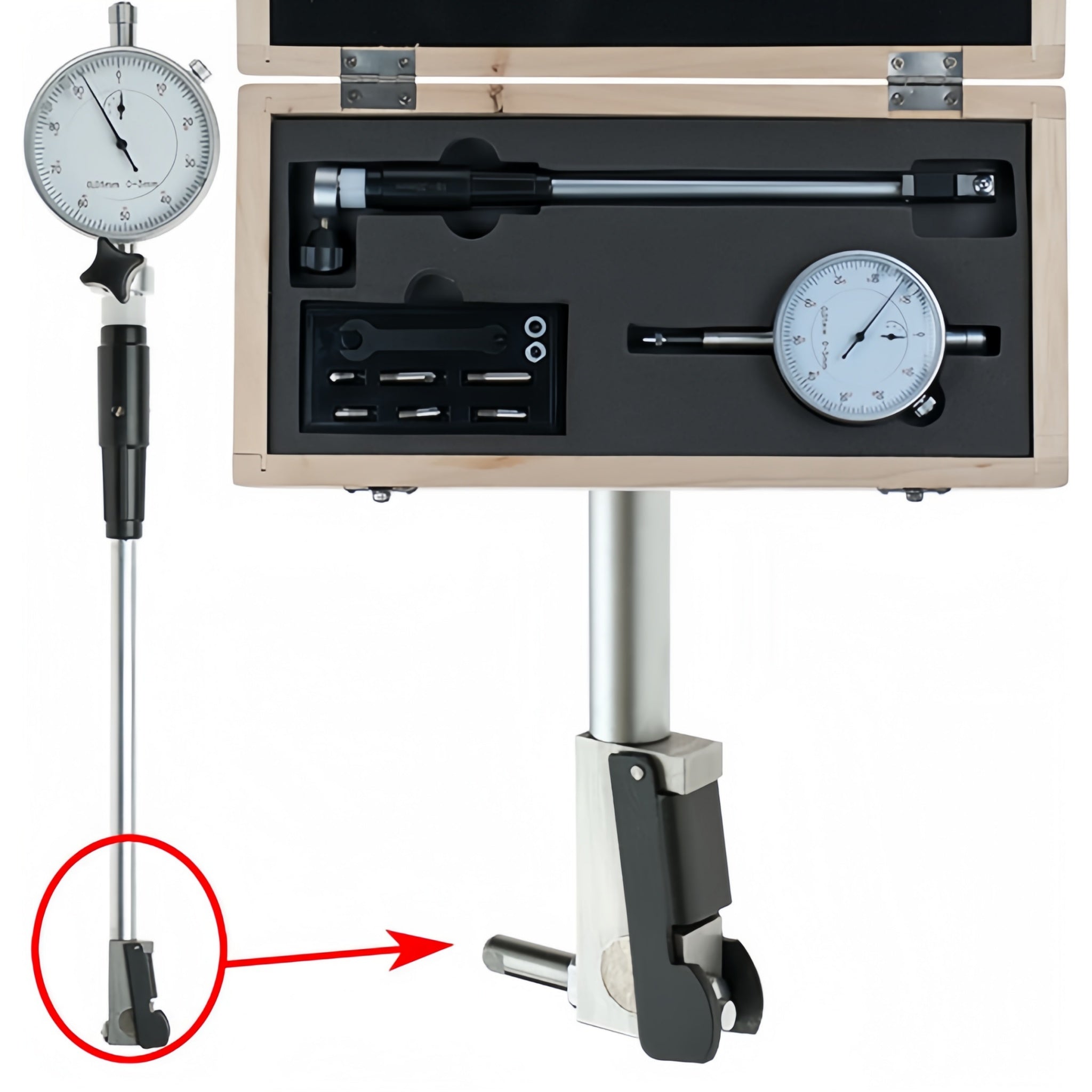 A precision dial indicator set shown open in a wooden case, with the indicator rod and feet displayed outside the case. A red circle and arrow highlight the feet.