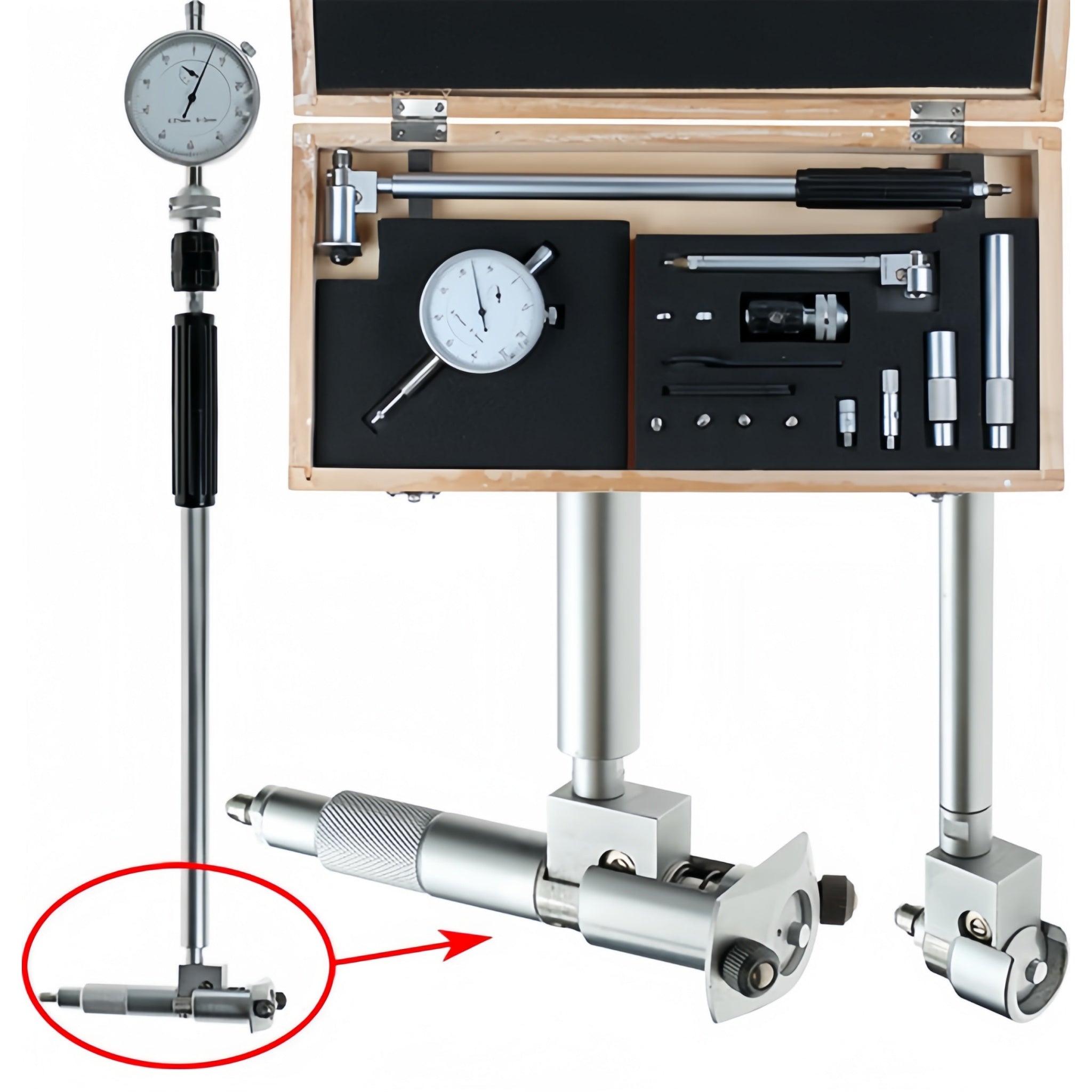 A precision dial indicator set with a wooden carrying case, shown open with tools inside, alongside two extended indicator arms and a close-up inset of the T-type indicator head highlighted by a red circle and arrow.