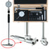 A precision dial indicator set with a wooden carrying case, shown open with tools inside, alongside two extended indicator arms and a close-up inset of the T-type indicator head highlighted by a red circle and arrow.