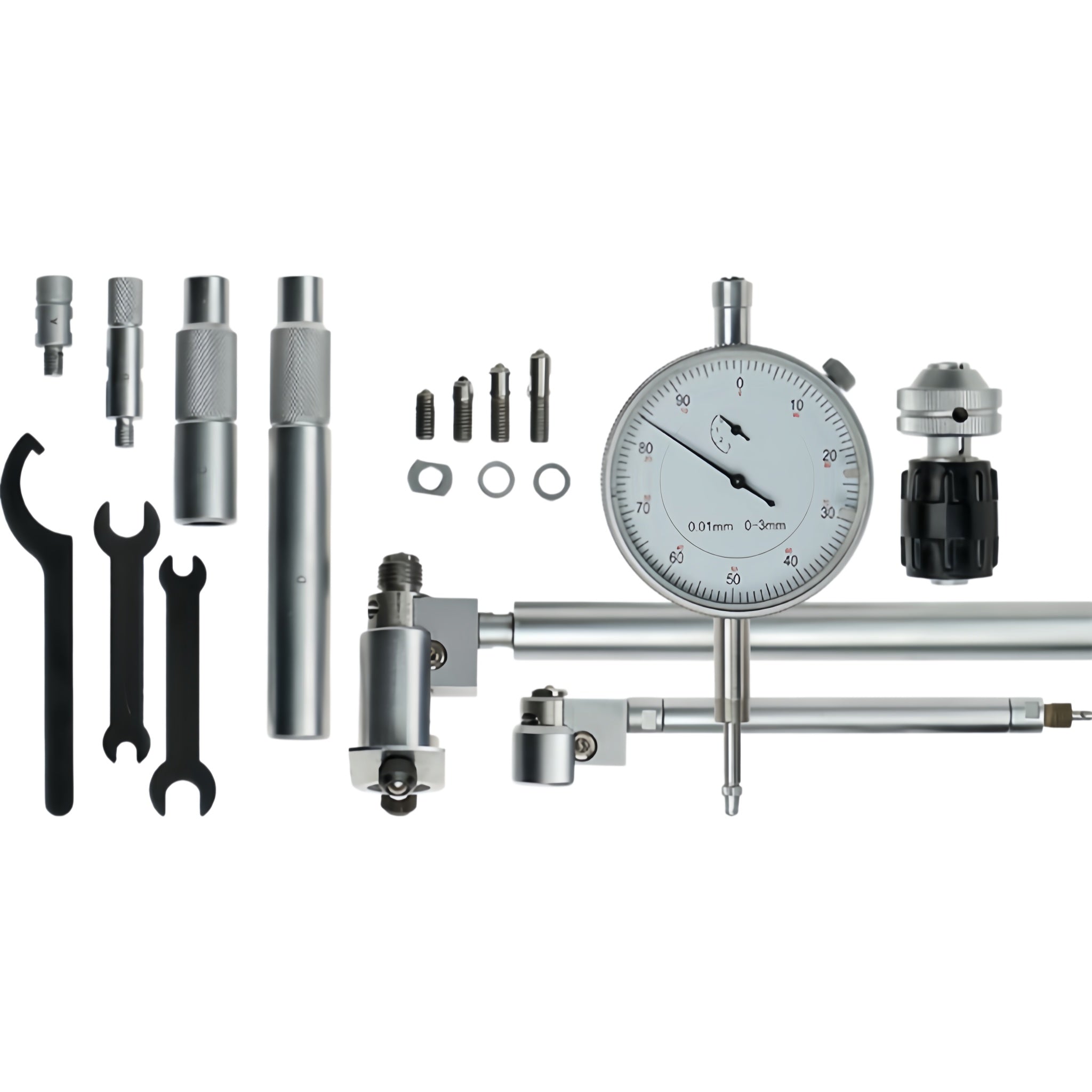 A metal dial indicator set with a silver dial gauge, multiple silver and black metal extension bars, mounting pieces, washers, and wrenches, arranged on a plain white background.