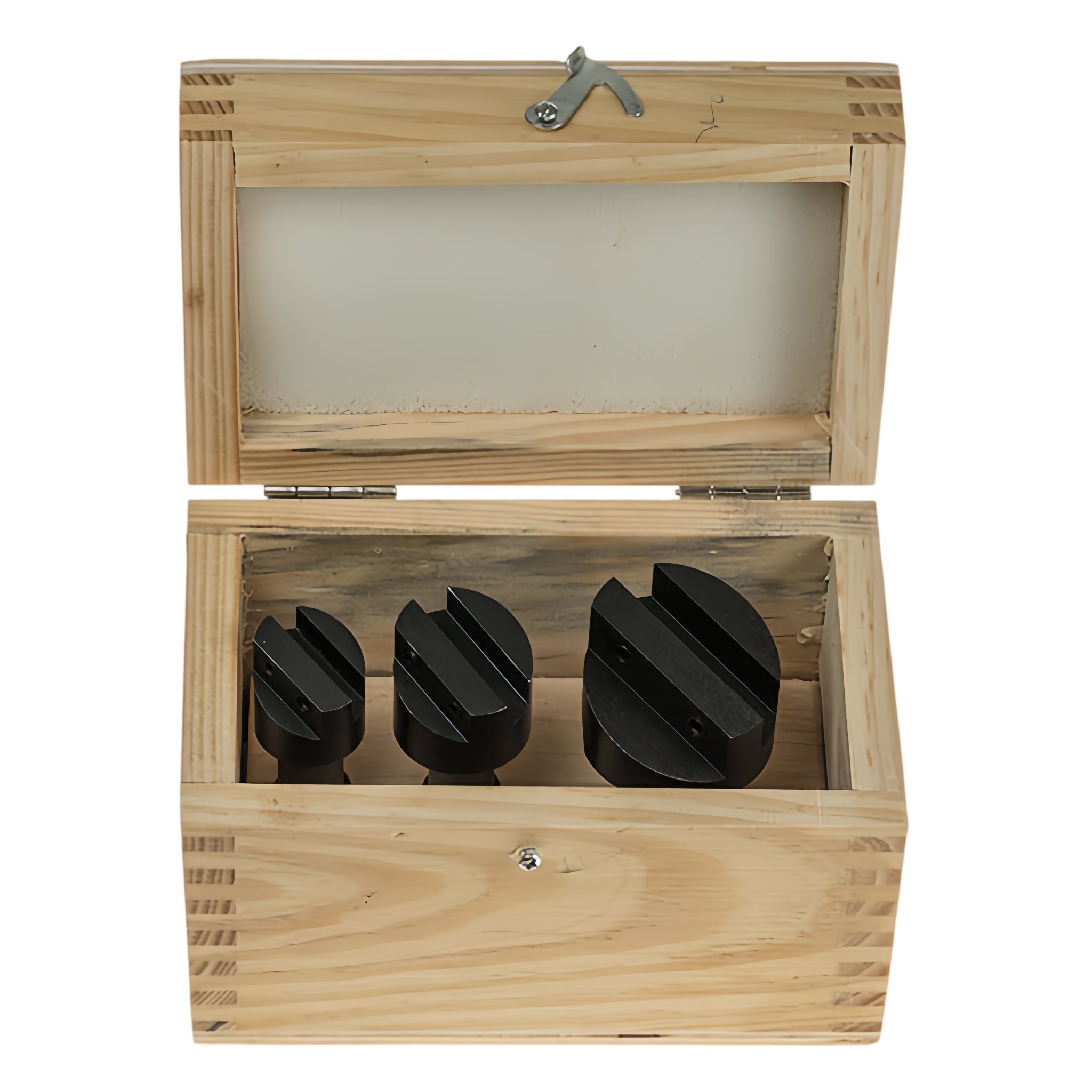 Three black fly cutters with angled tabs, displayed inside a light natural wood box on a plain white background.